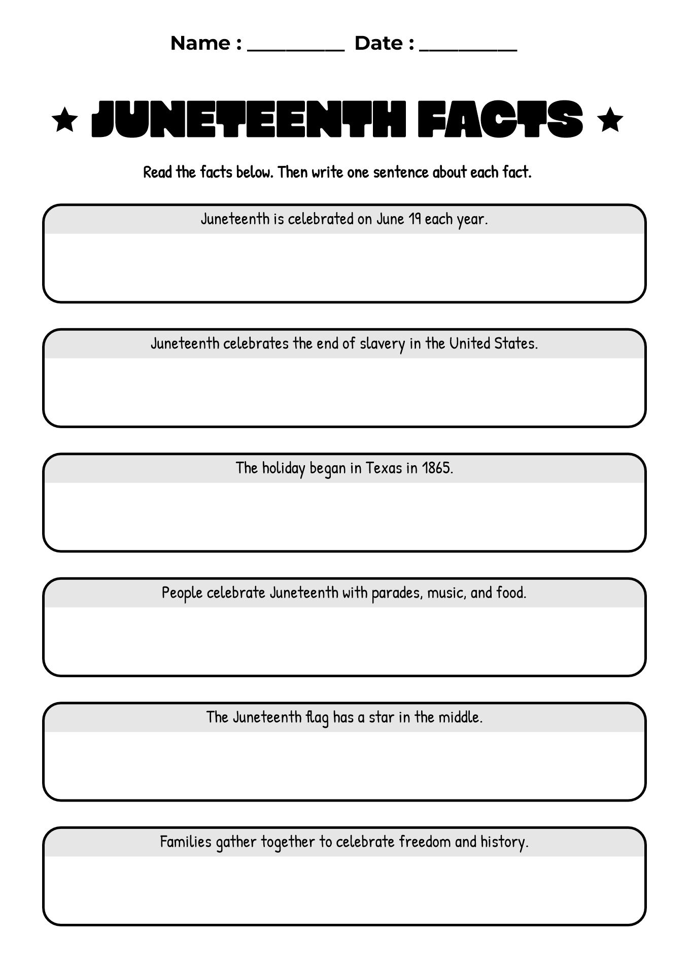 Juneteenth Facts Writing Worksheet