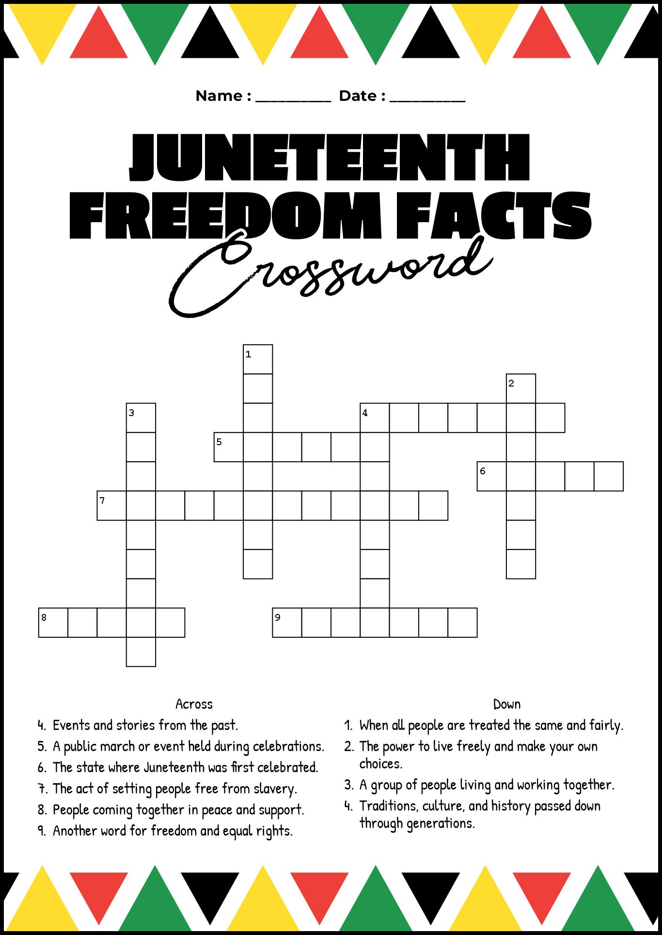 Juneteenth Freedom Facts Crossword Worksheet