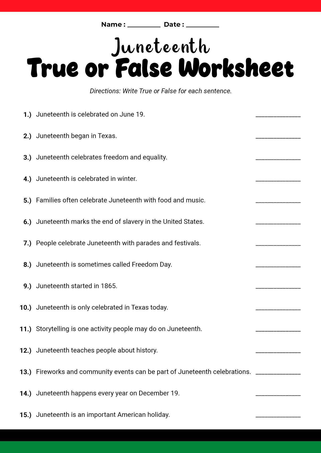 Juneteenth History Exercises for Elementary Students