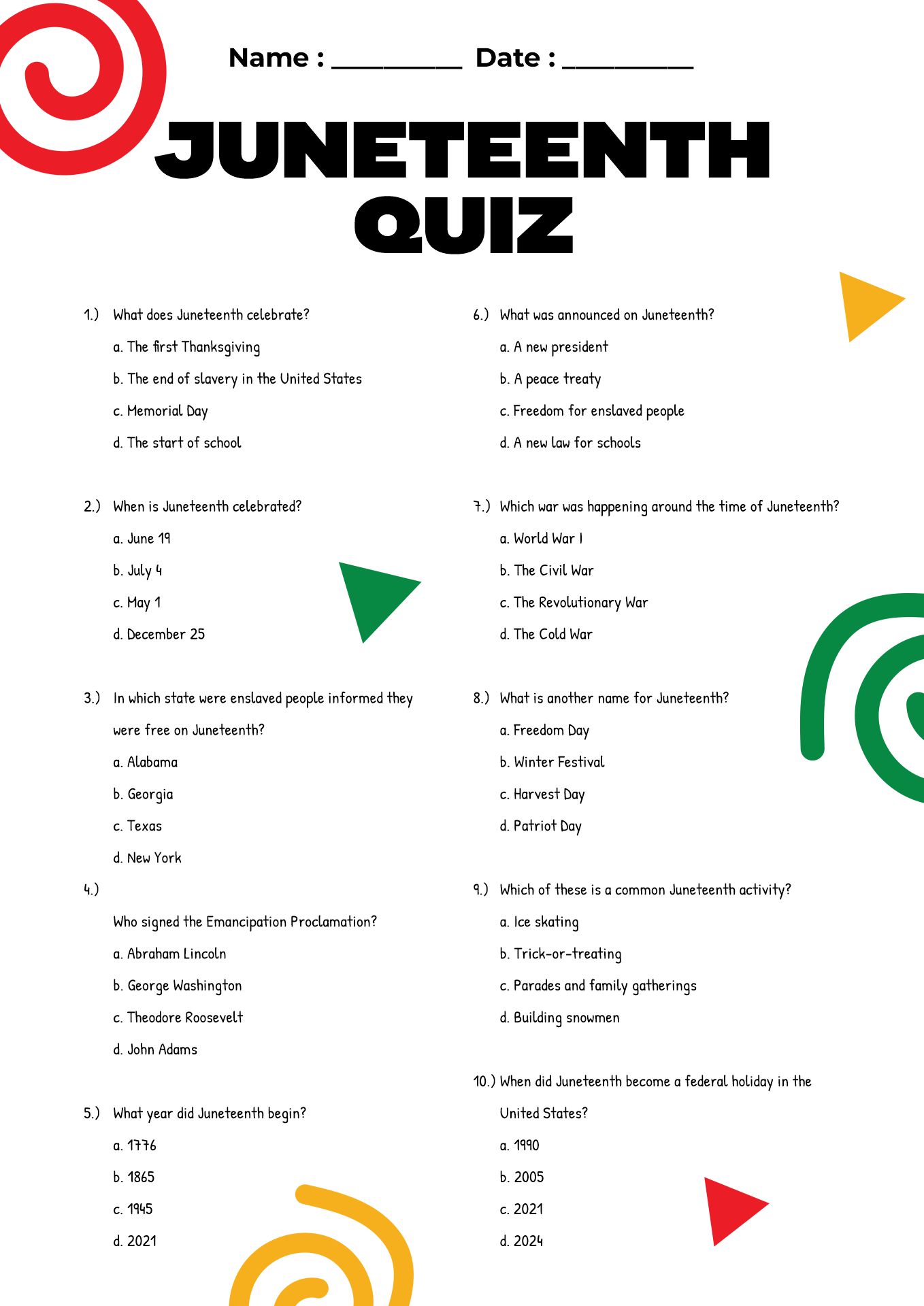 Juneteenth History Quiz Worksheet