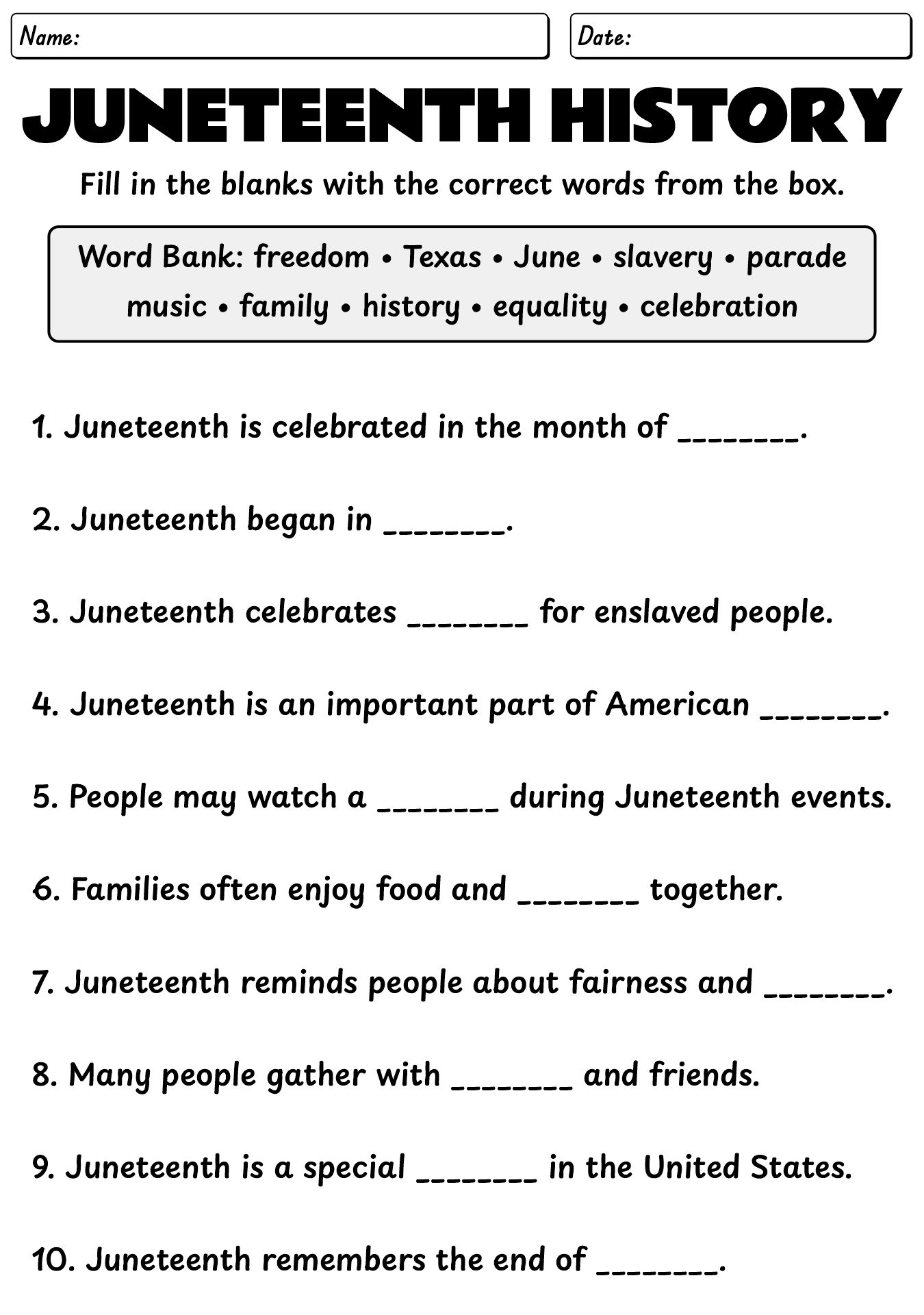 Juneteenth History Worksheet for Elementary Students