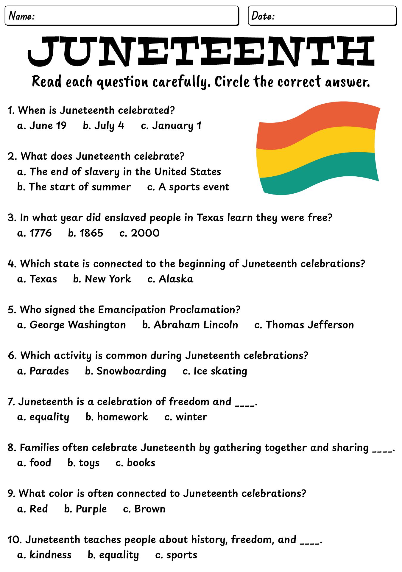 Juneteenth Learning Worksheet
