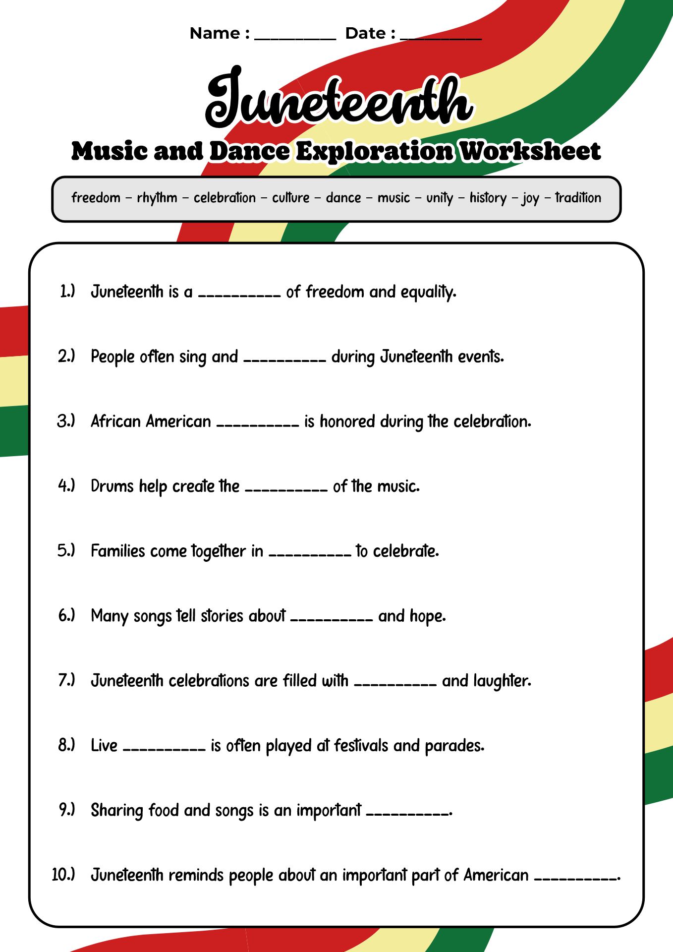 Juneteenth Music and Dance Exploration Worksheet