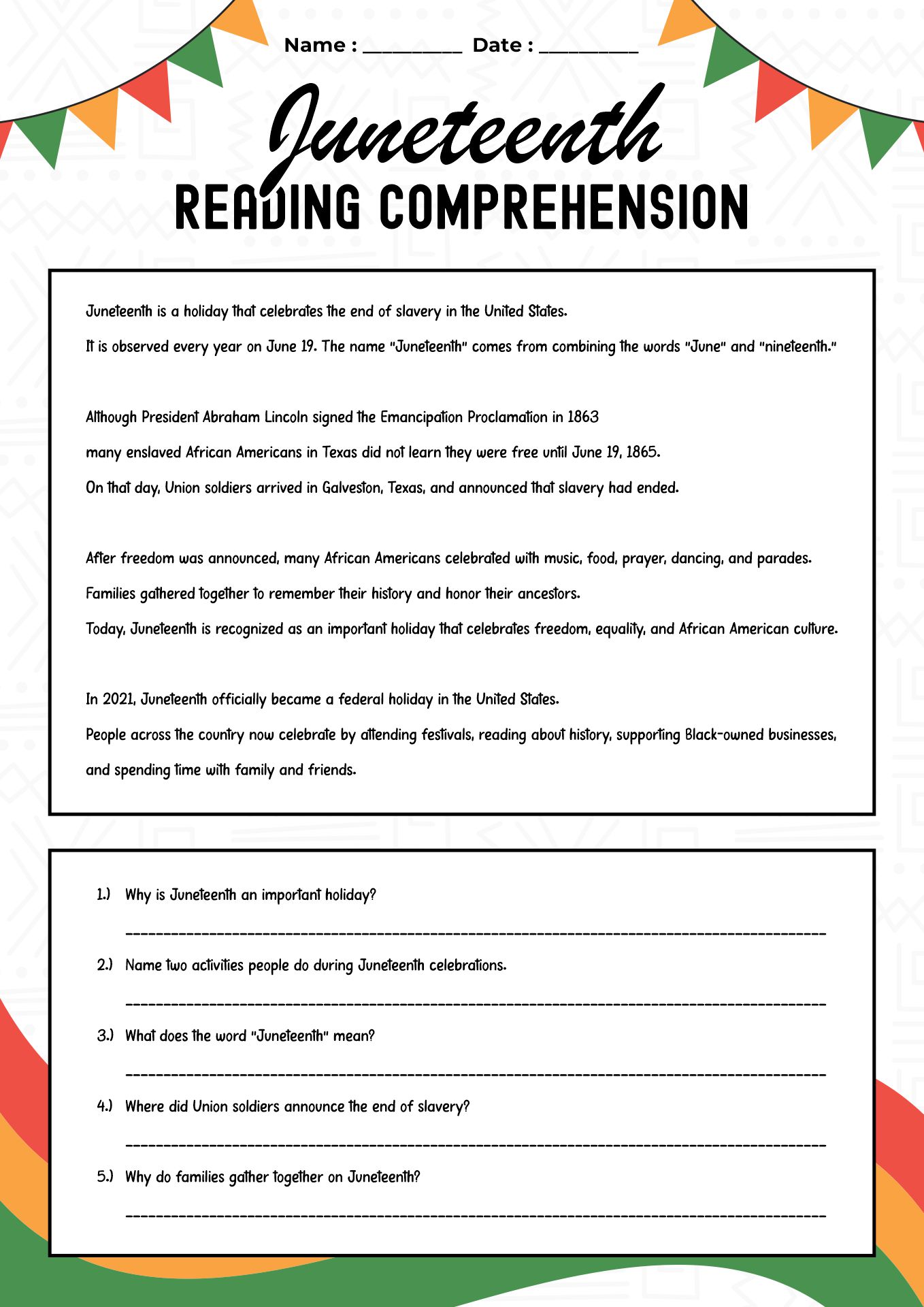Juneteenth Reading Comprehension Worksheet