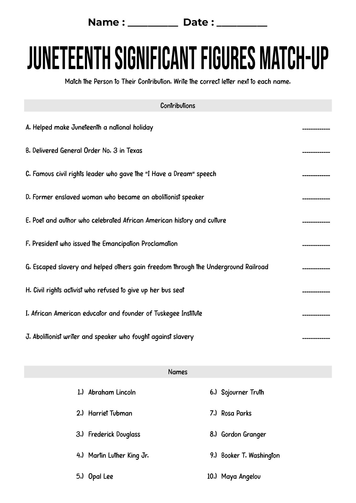 Juneteenth Significant Figures Match-Up Worksheet