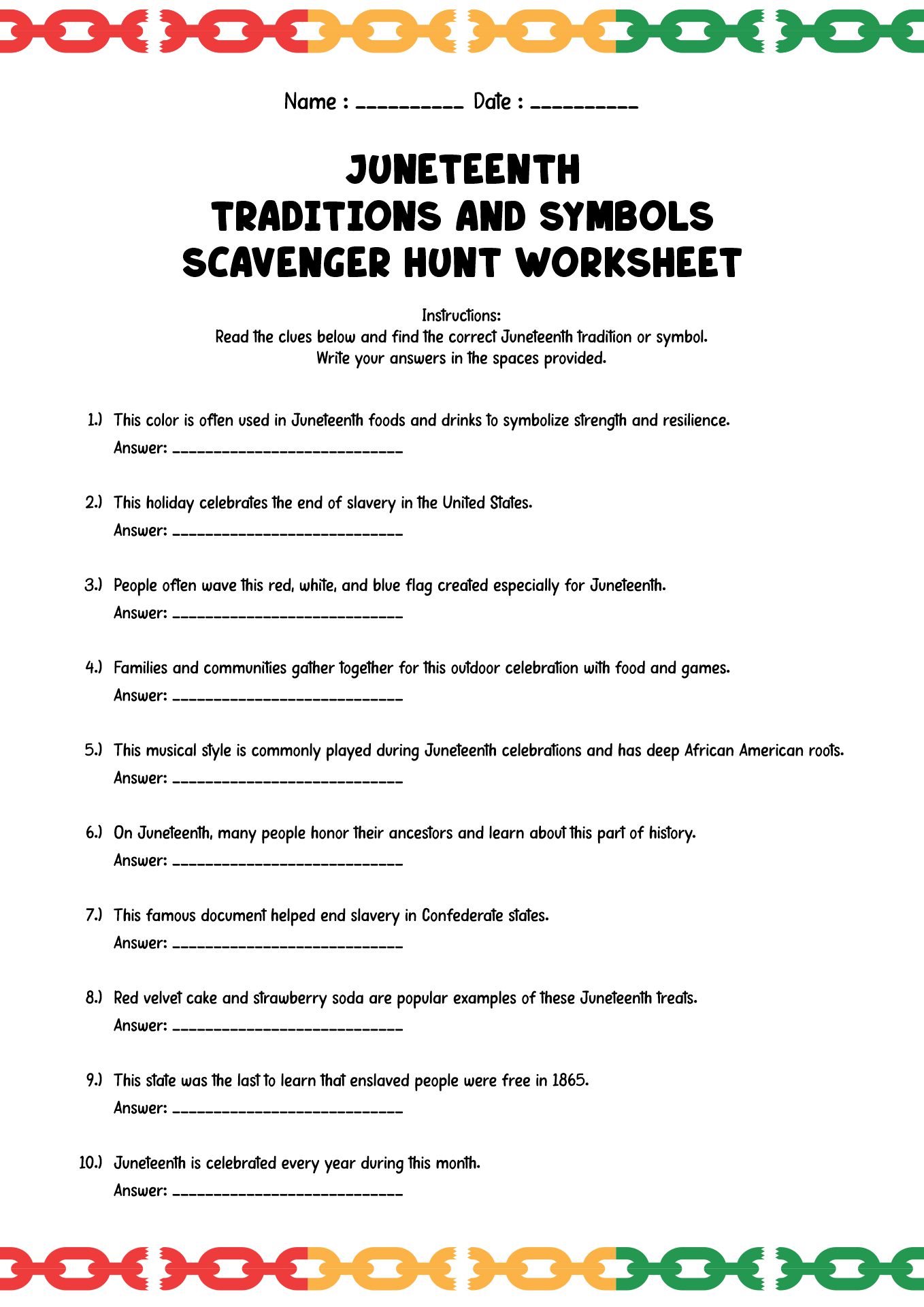 Juneteenth Traditions and Symbols Scavenger Hunt Worksheet