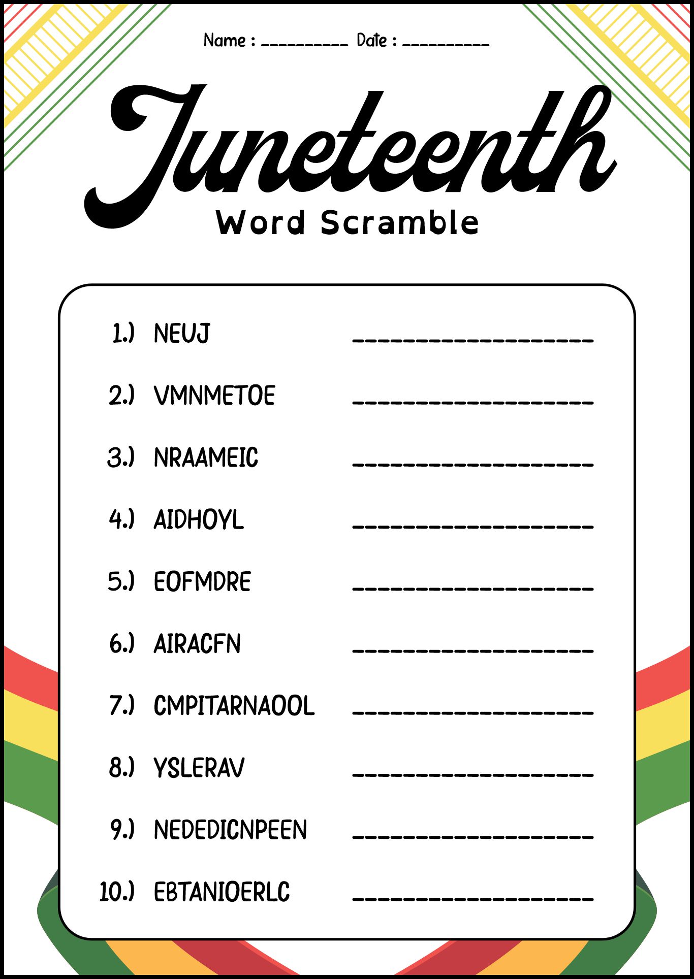 Juneteenth Vocabulary Worksheet