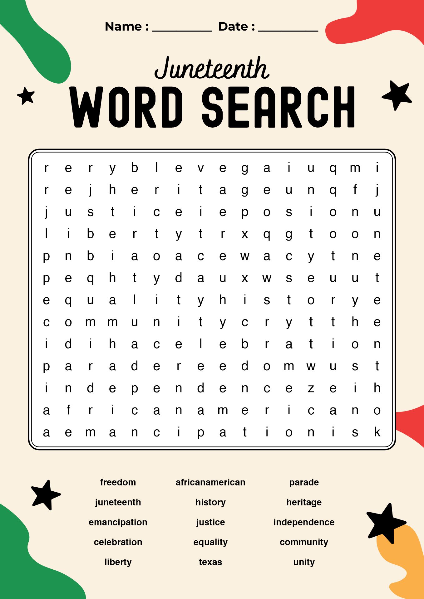 Juneteenth Word Search Puzzle Worksheet