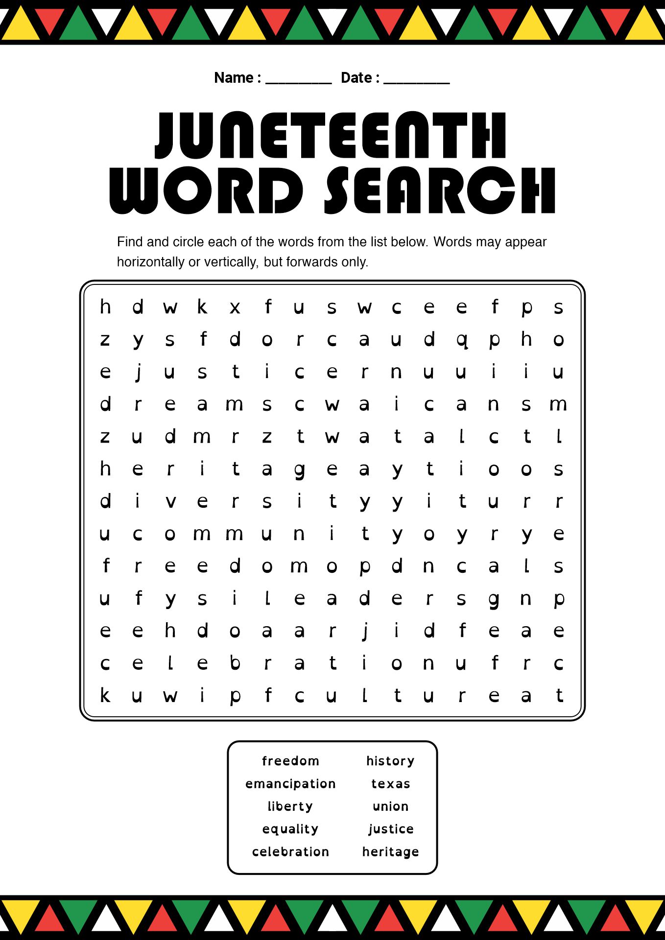 Juneteenth Word Search Worksheet