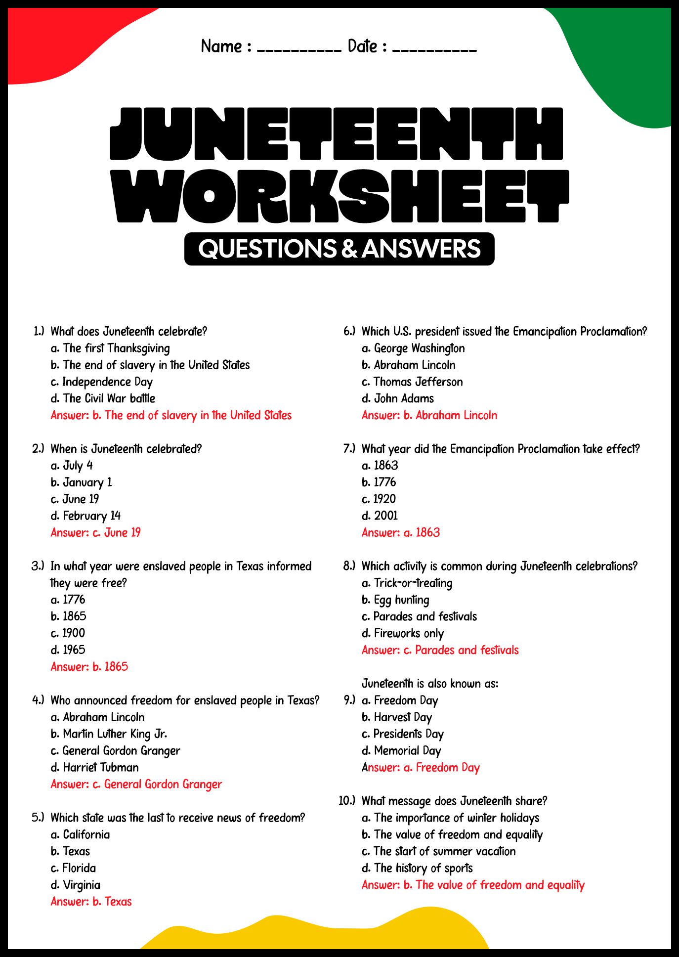 Juneteenth Worksheet Question & Answers