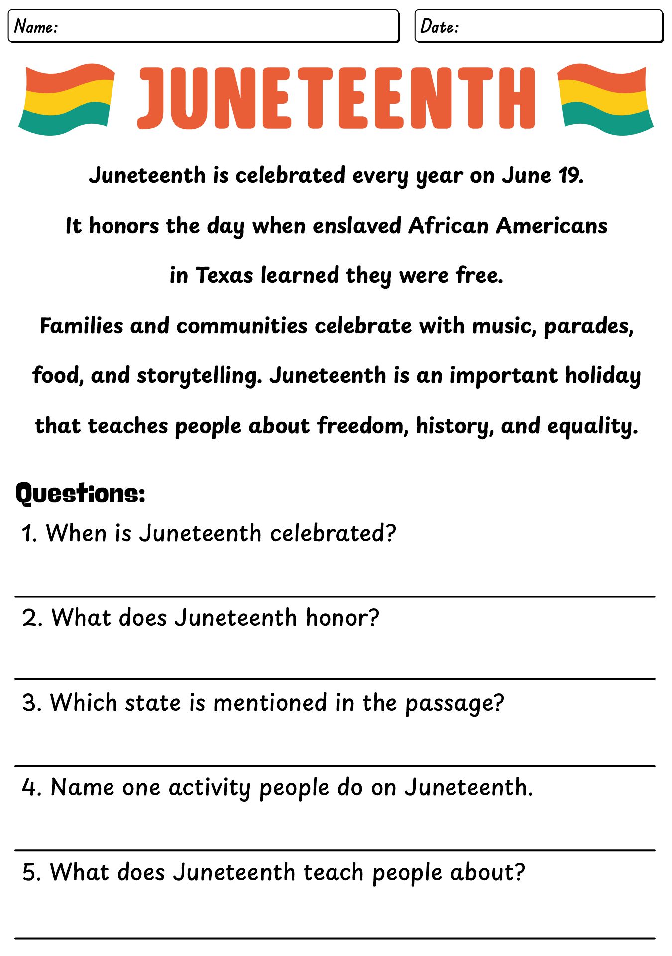 Juneteenth Worksheets for Kids