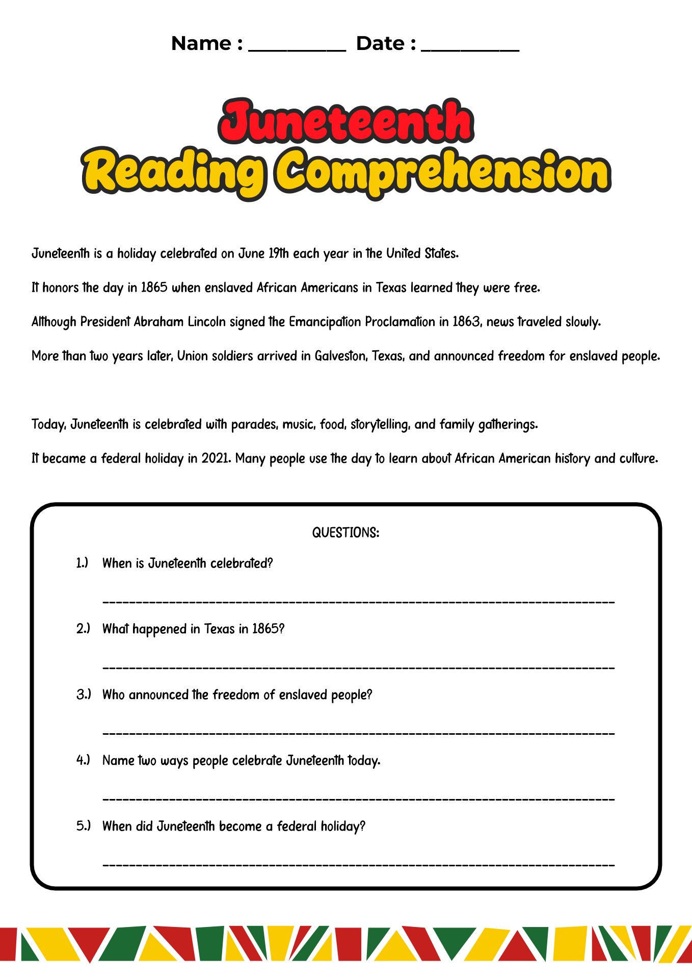 Juneteenth Worksheets for Students