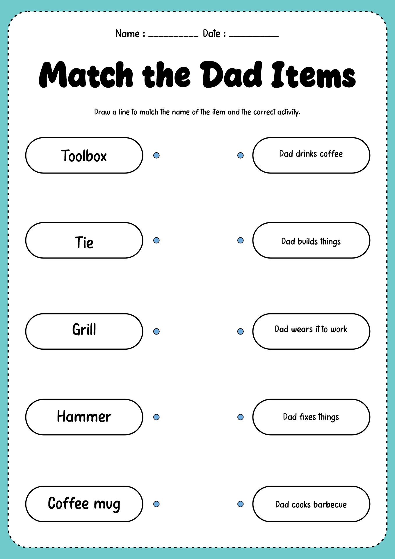 Kindergarten Fathers Day Matching Games Worksheets