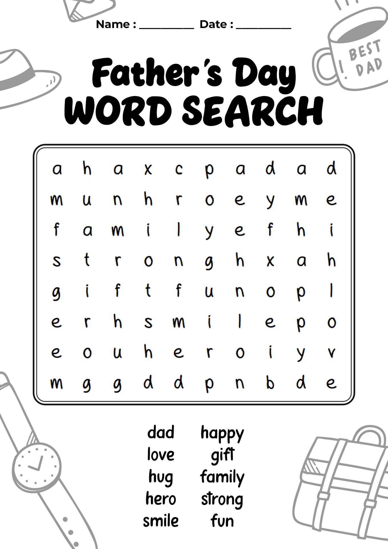 Kindergarten Fathers Day Printable Word Search
