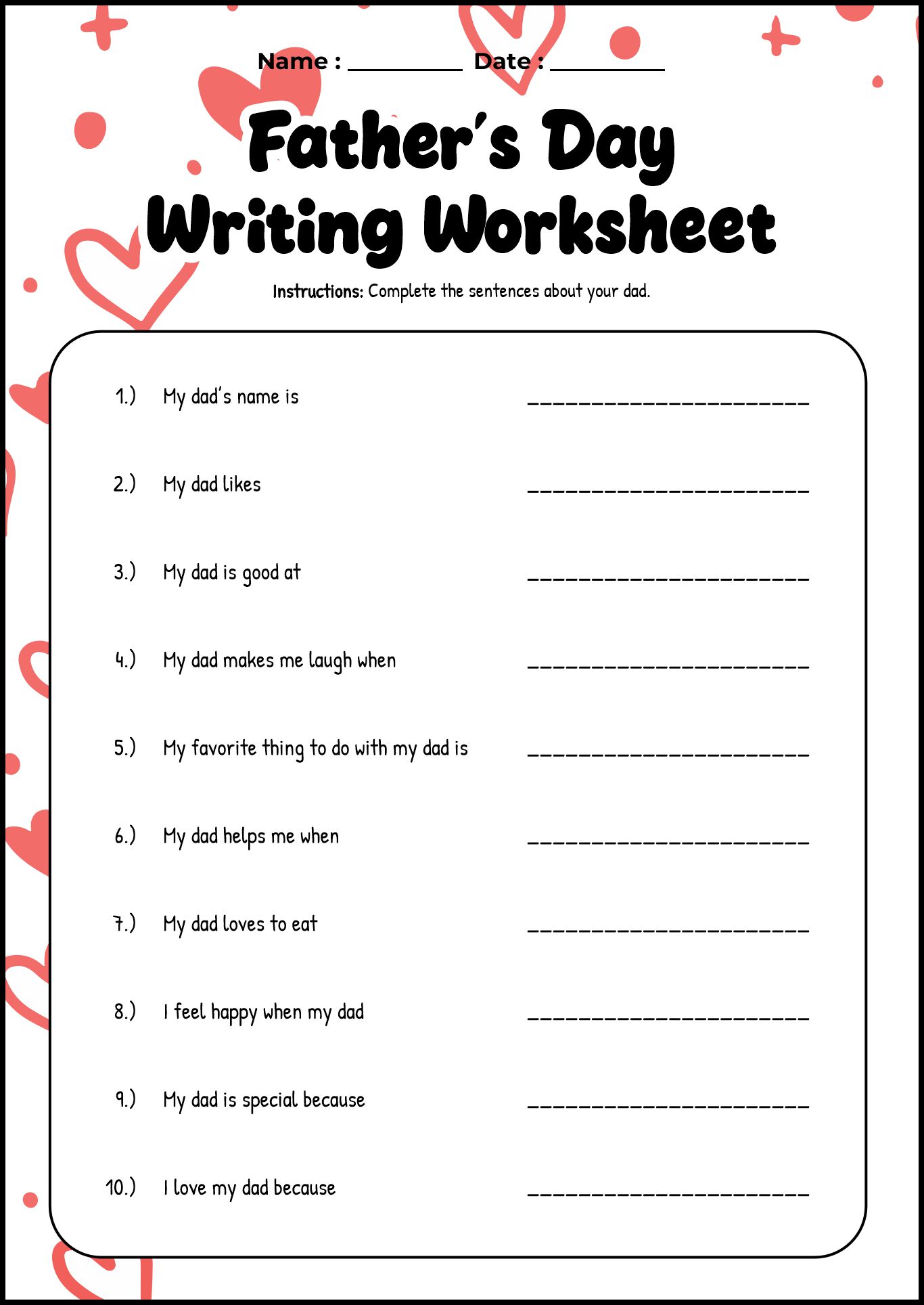 Kindergarten Fathers Day Writing Worksheets Printable