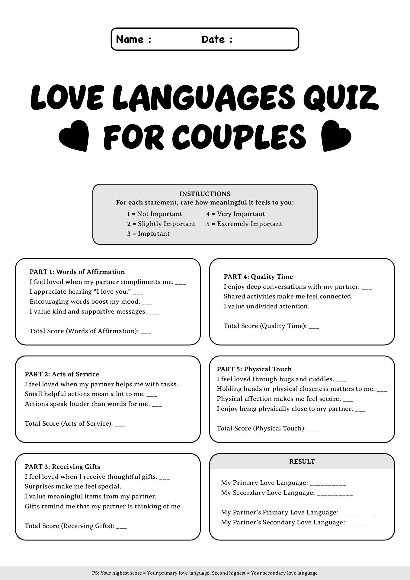 Love Languages Quiz for Couples Worksheet