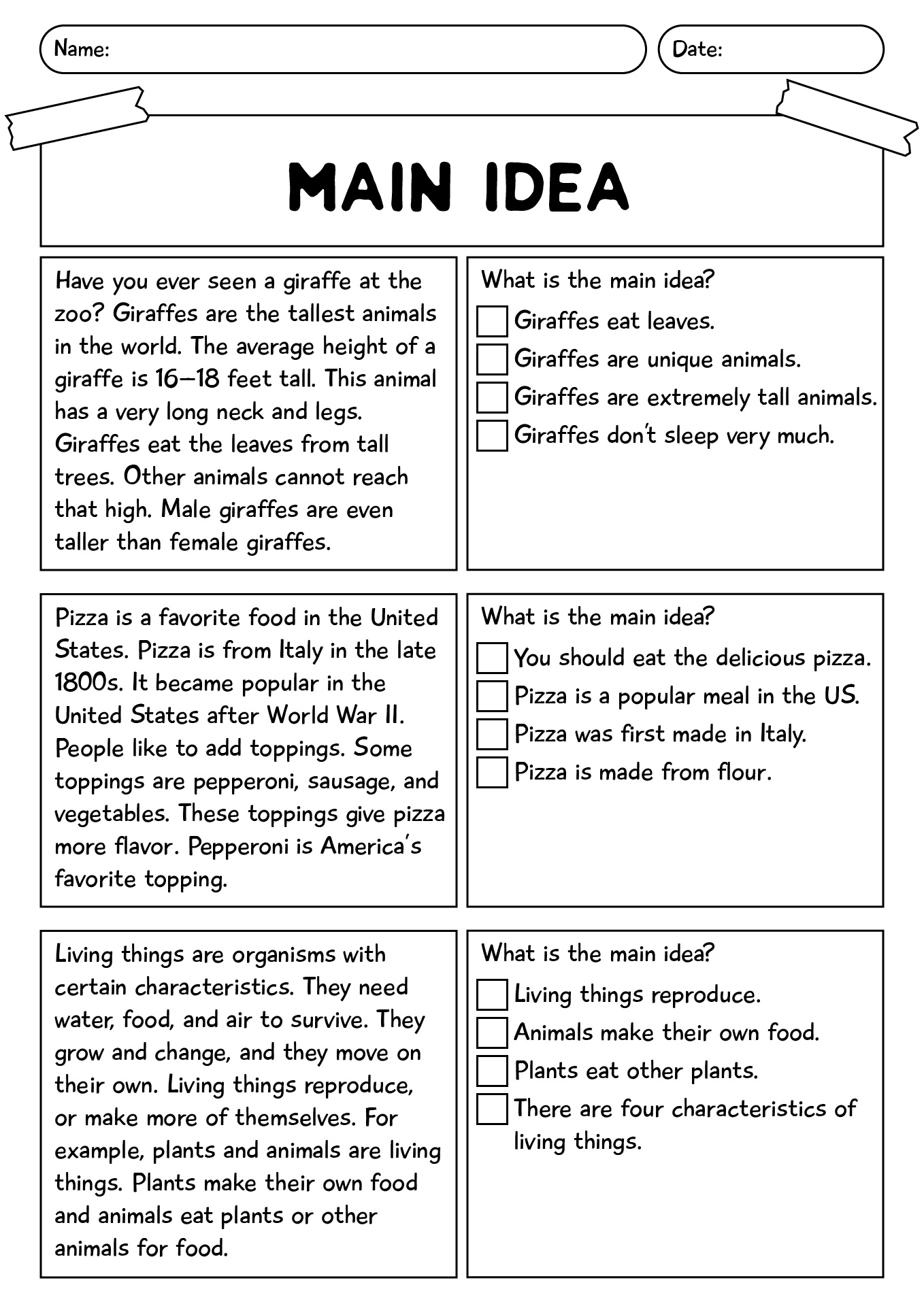 Main Idea Multiple Choice Worksheet