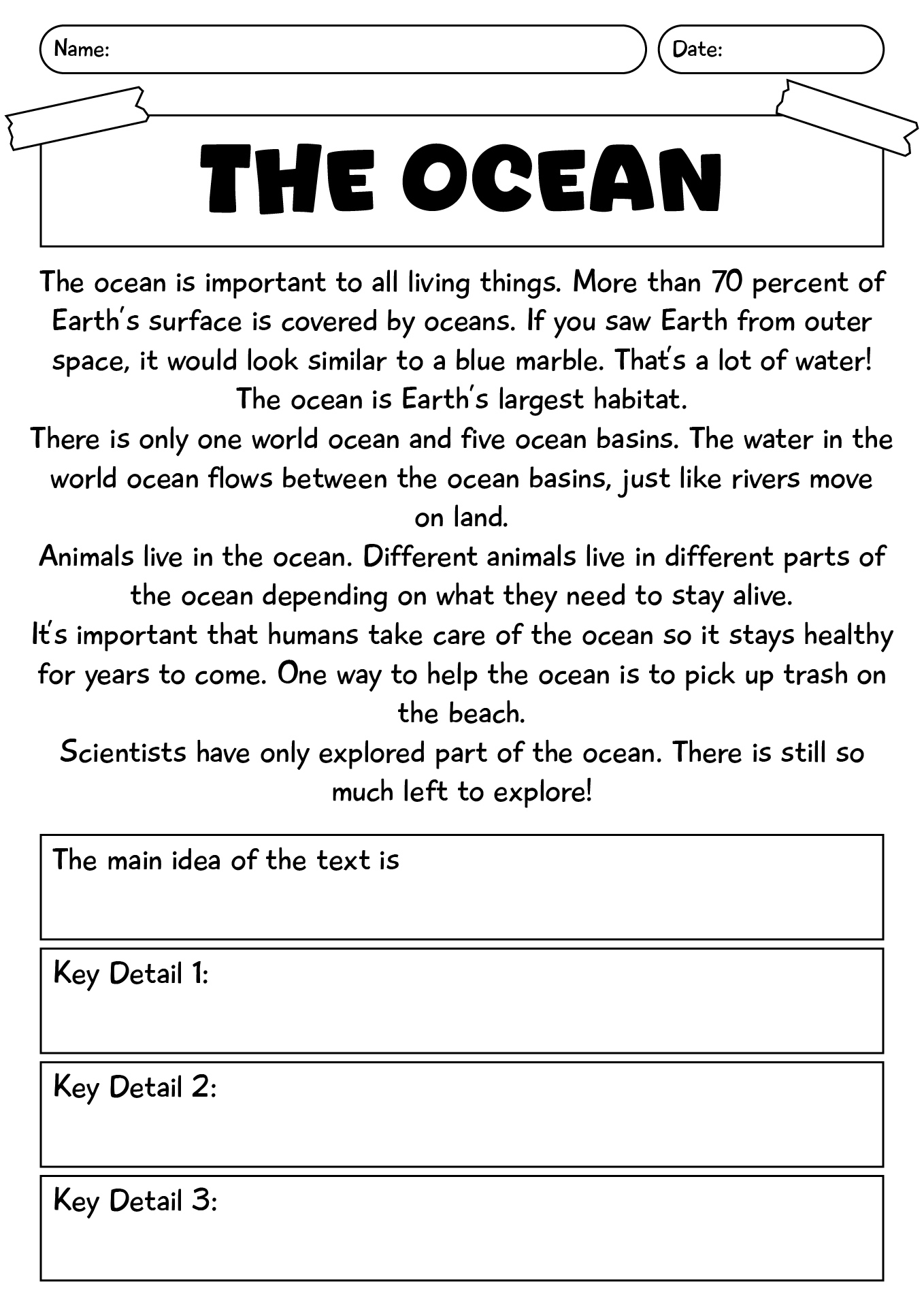 Main Idea Of Text Worksheet For 3rd Grade