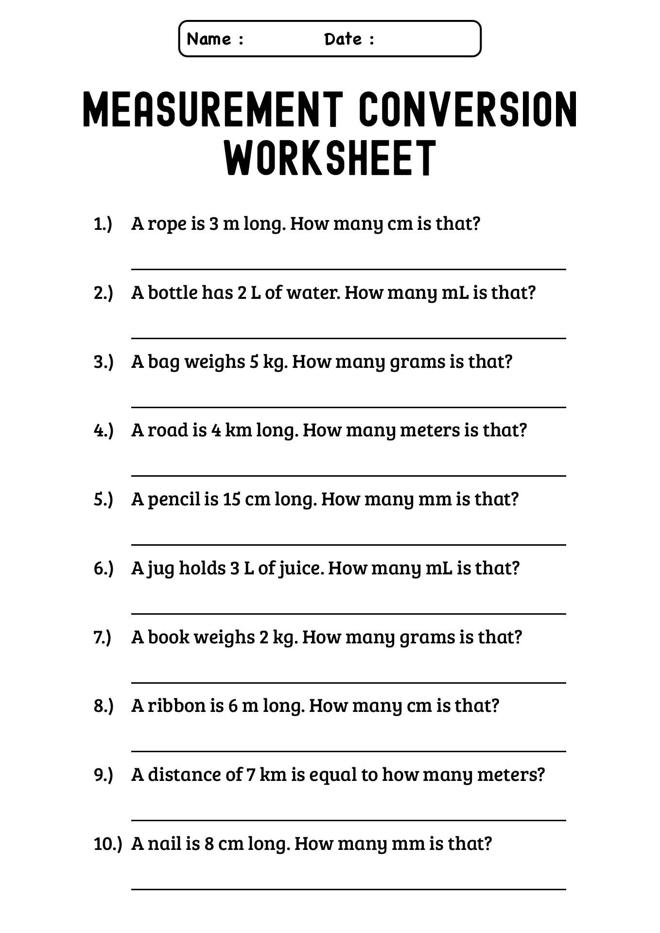 Measurement Conversion Worksheets for 5th Graders