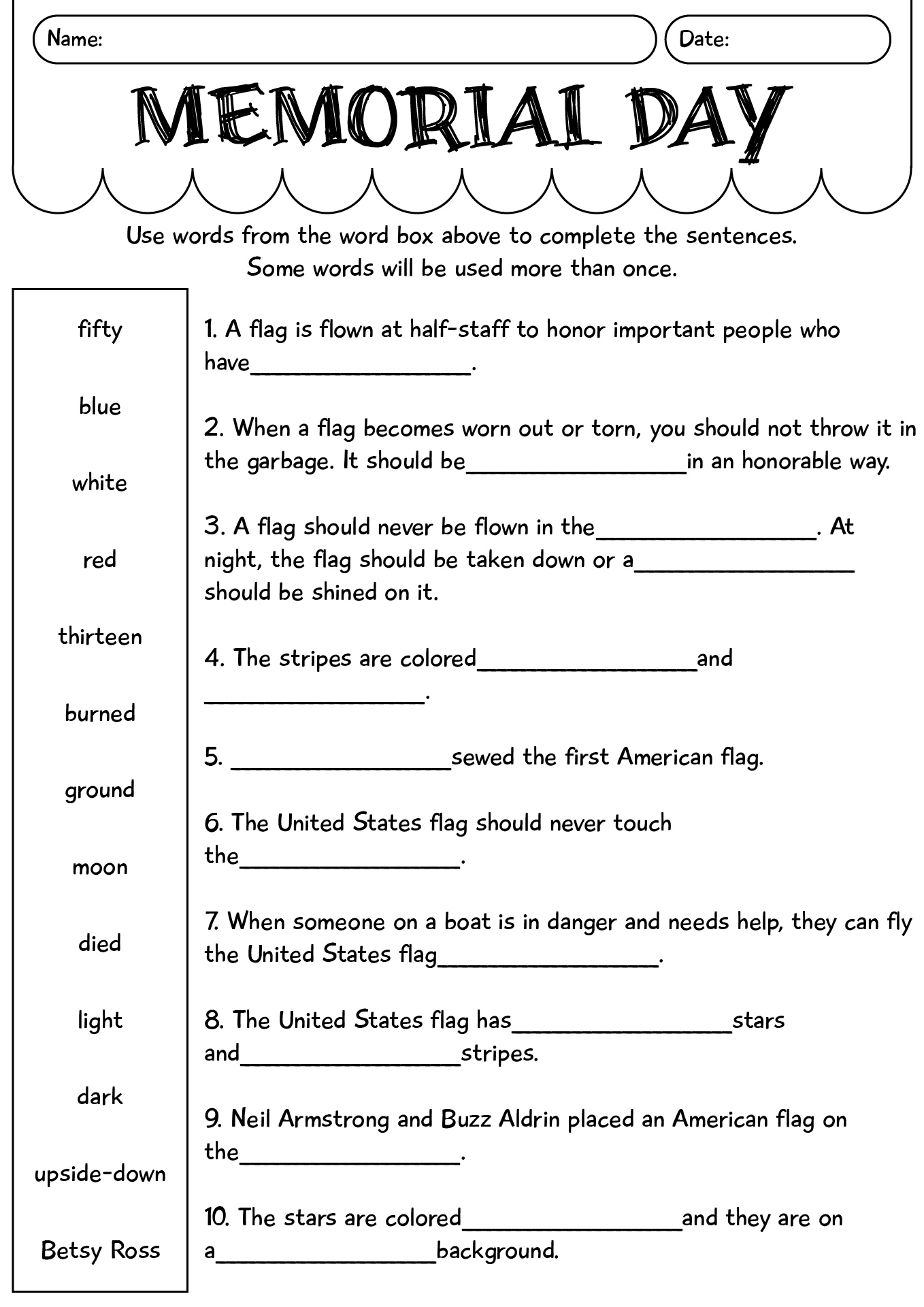 Memorial Day Worksheets For Student