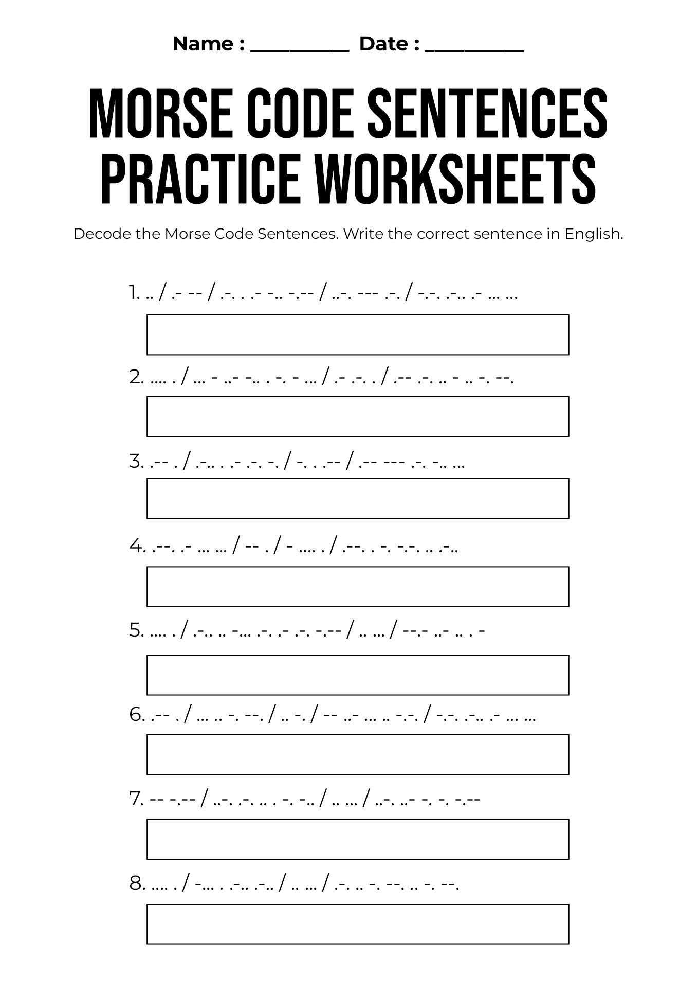 Morse Code Sentences Practice Worksheets