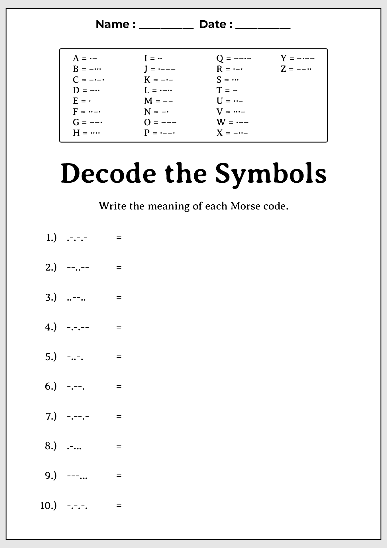 Morse Code Symbols Practice Sheets