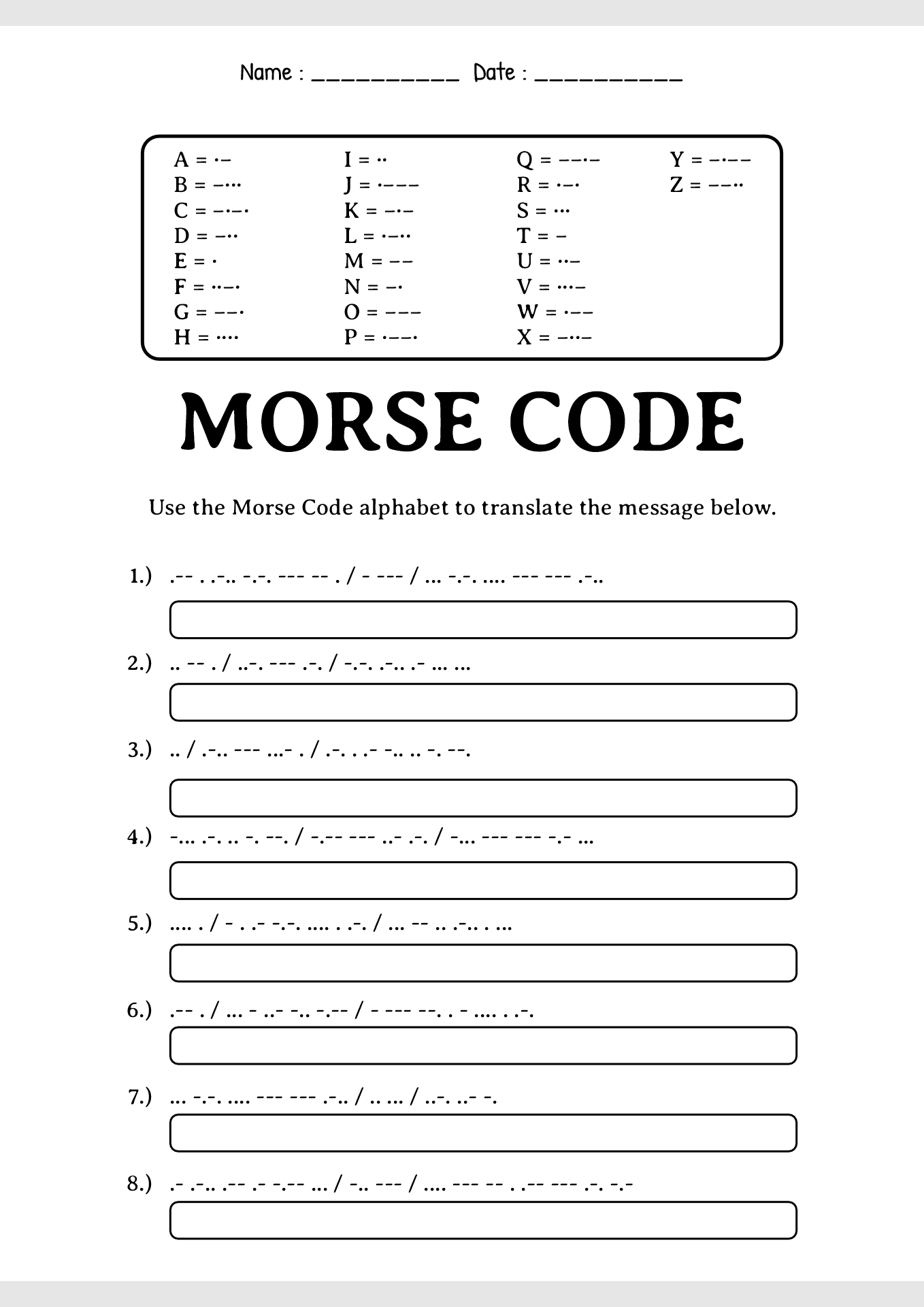Morse Code Words Practice Sheets