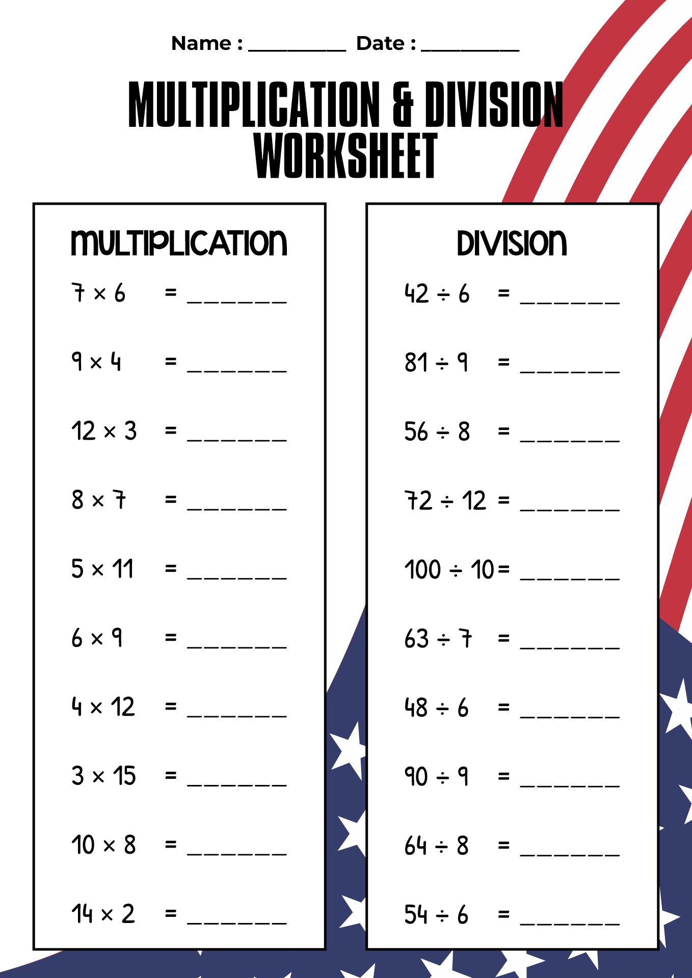 Multiplication and Division Worksheets for Flag Day
