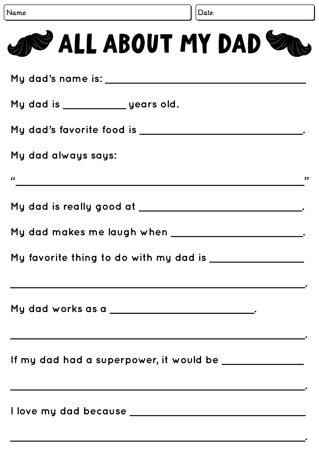 My Dad Printable Questionnaire Worksheet