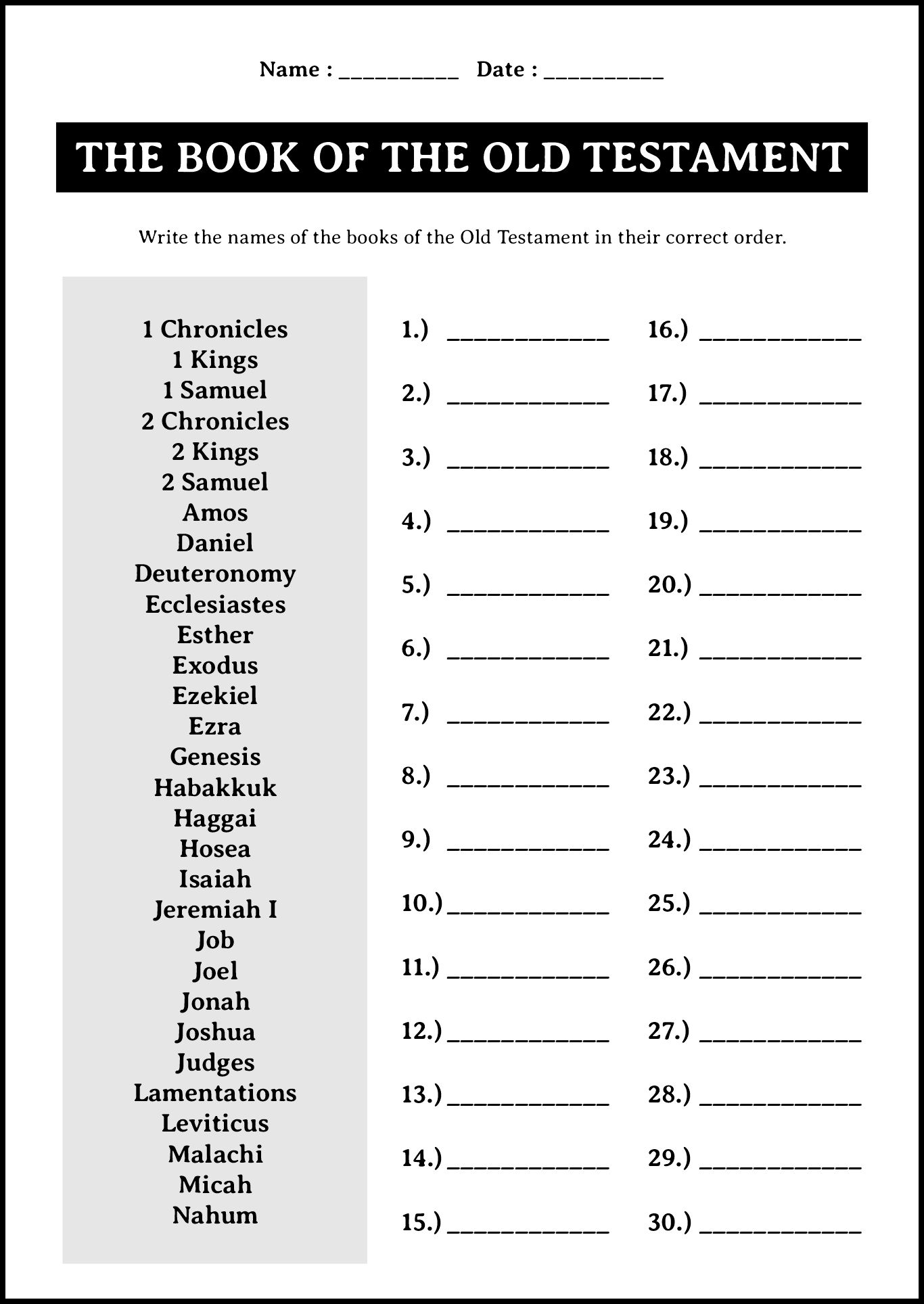 Old Testament Bible Study Worksheets