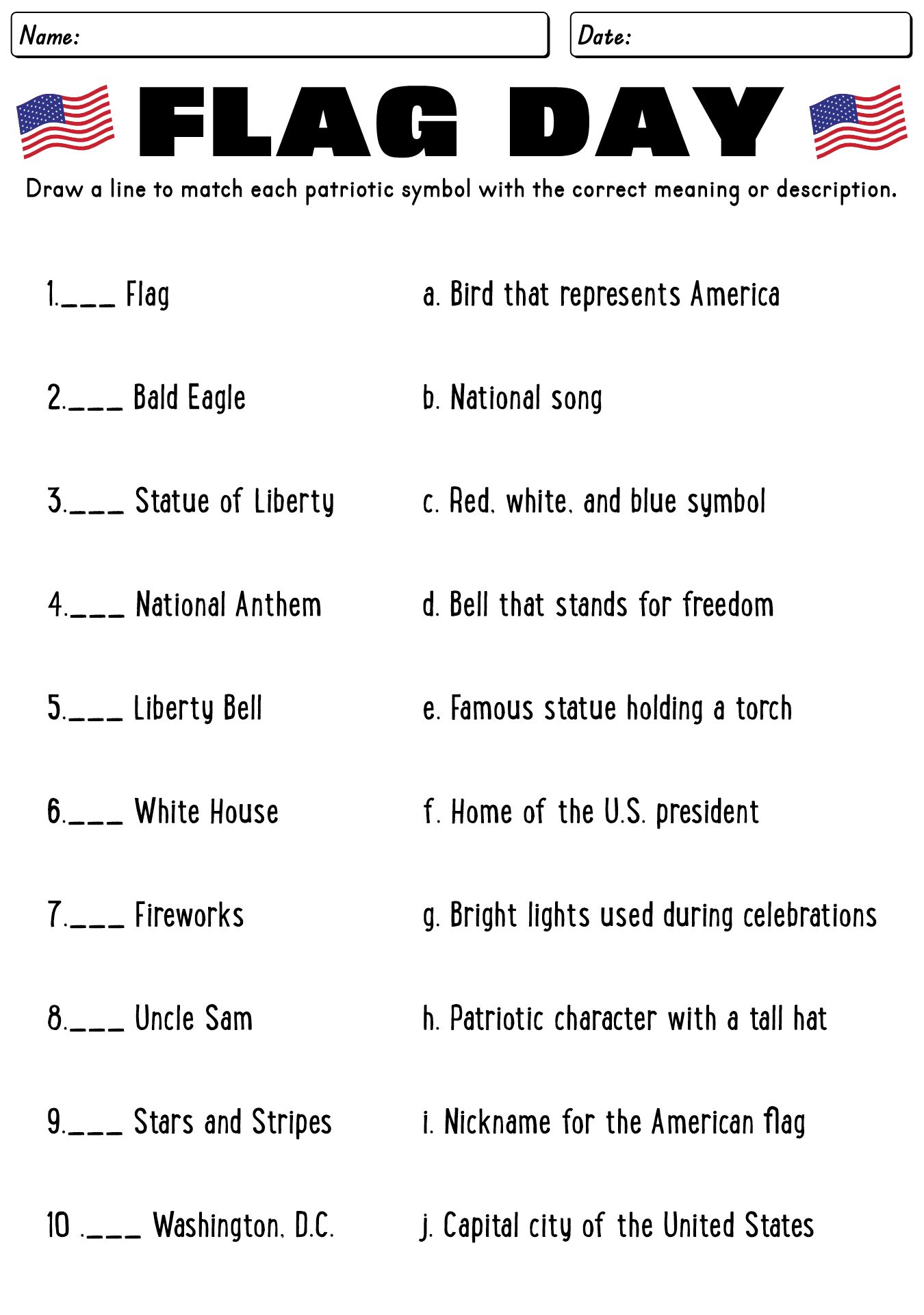 Patriotic Symbols Matching Worksheets for Flag Day