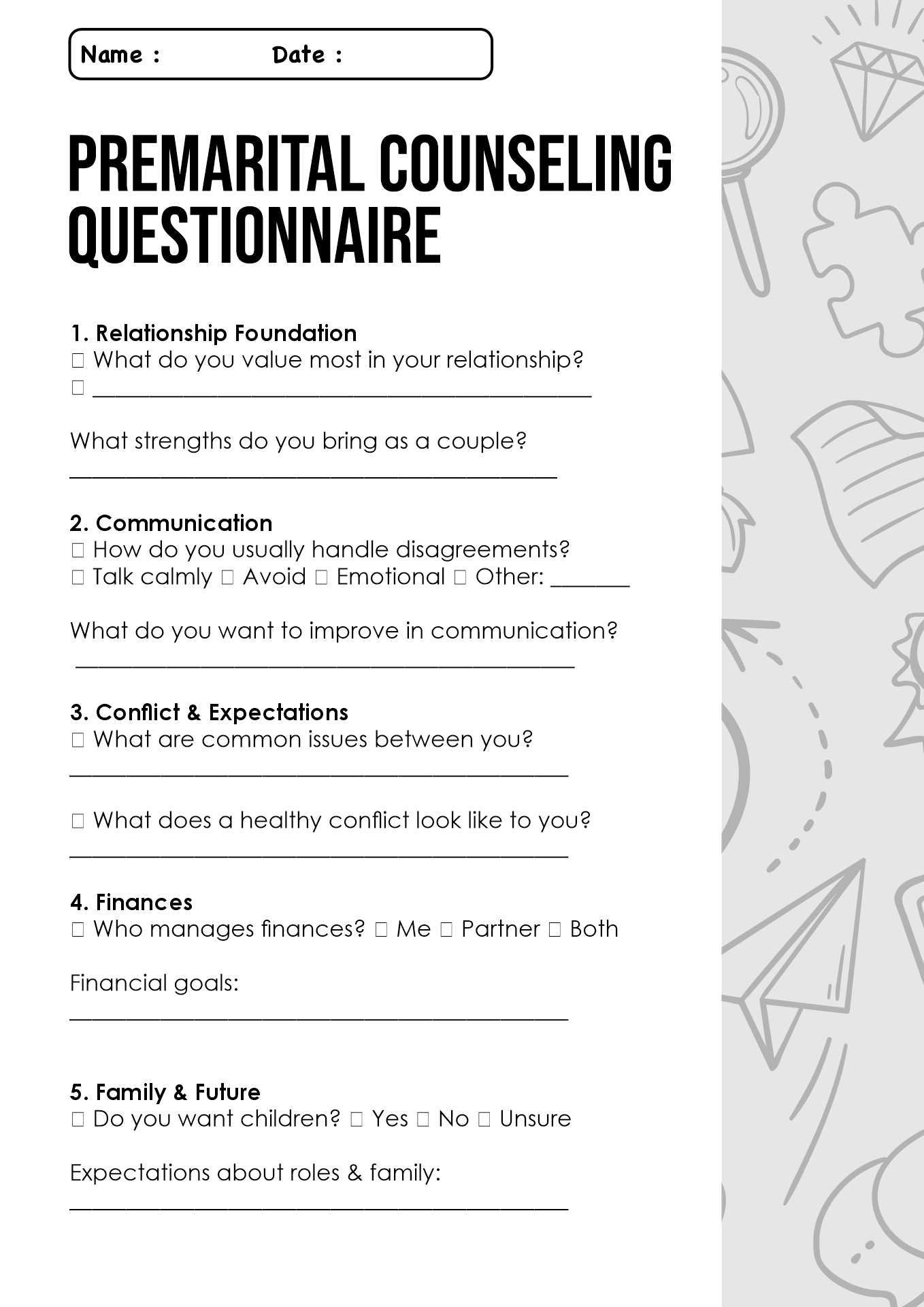 Premarital Counseling Questionnaire Worksheet