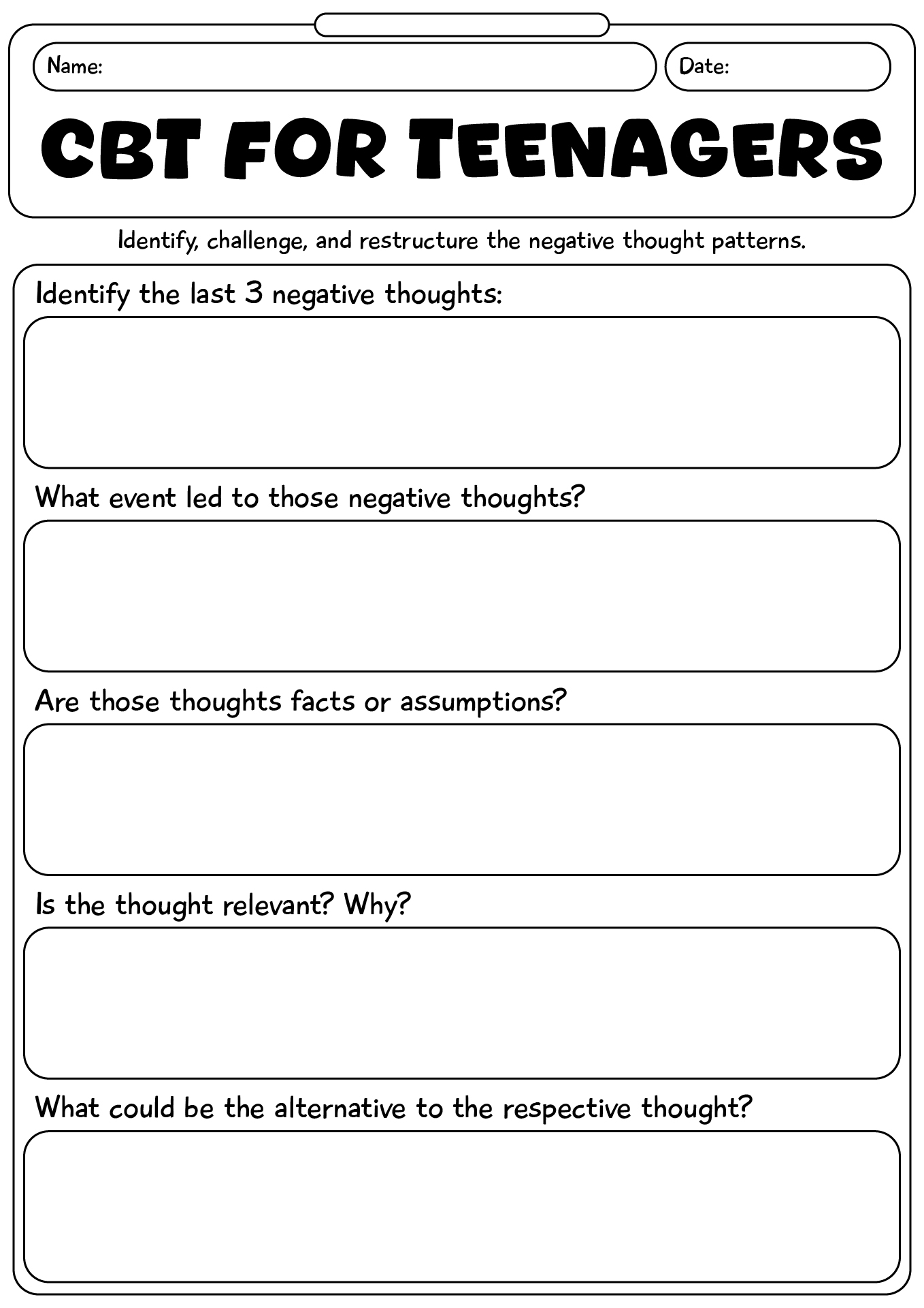 Printable CBT Worksheets For Teenagers