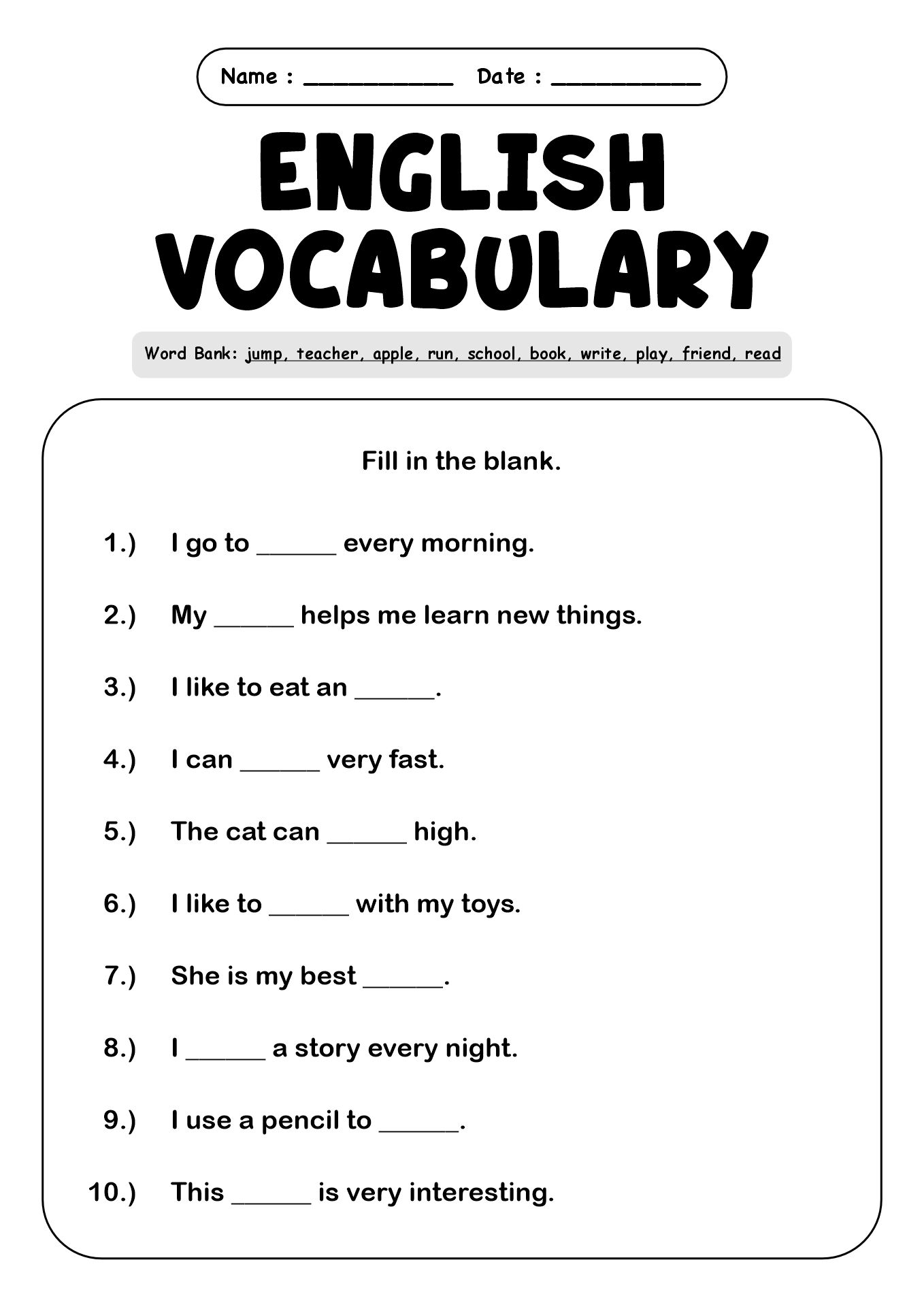 Printable English Vocabulary Worksheets for 3rd Graders