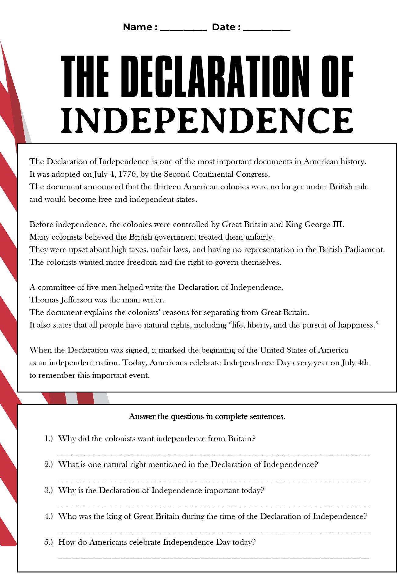 Reading Worksheet About the Declaration of Independence