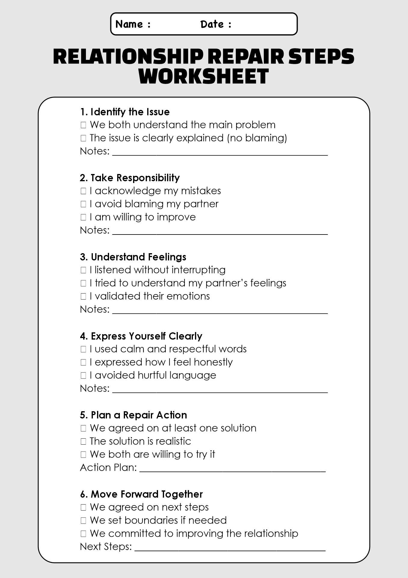 Relationship Repair Steps Worksheet