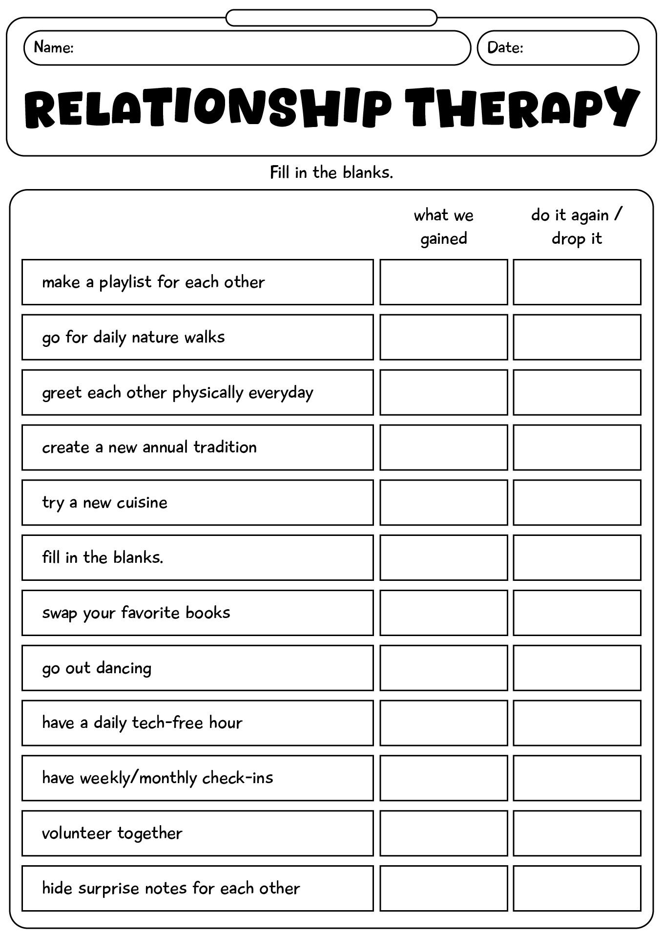 Relationship Therapy Printable Worksheets
