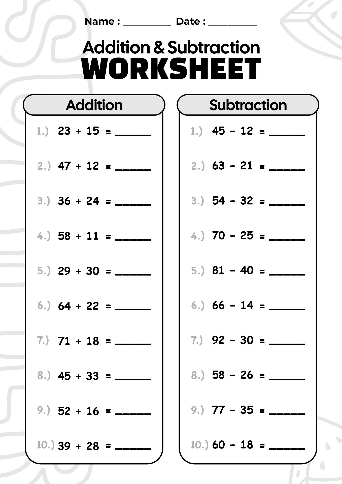 Summer Addition and Subtraction Worksheets for 2nd Grade