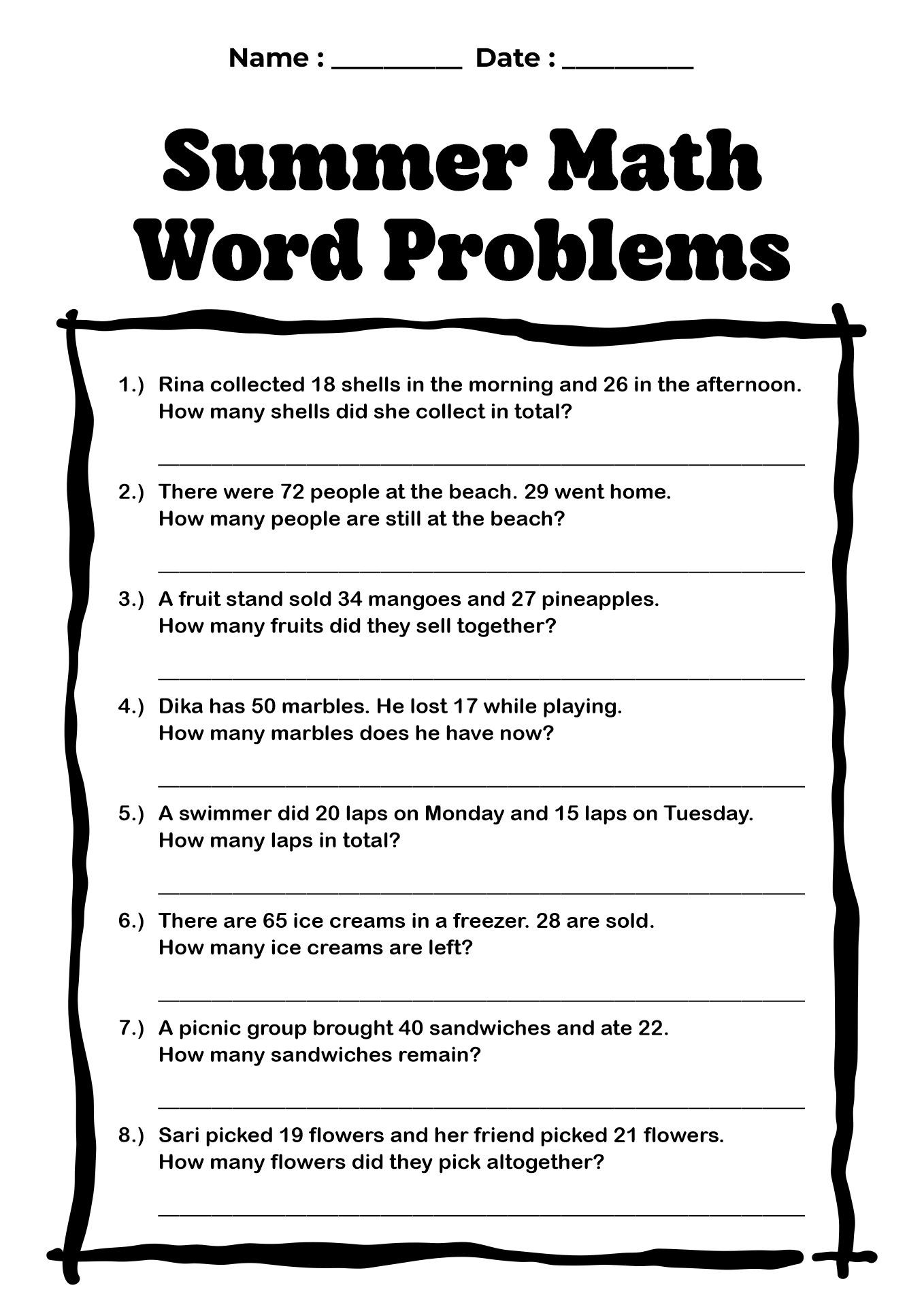 Summer Holiday Math Worksheets 2nd Grade