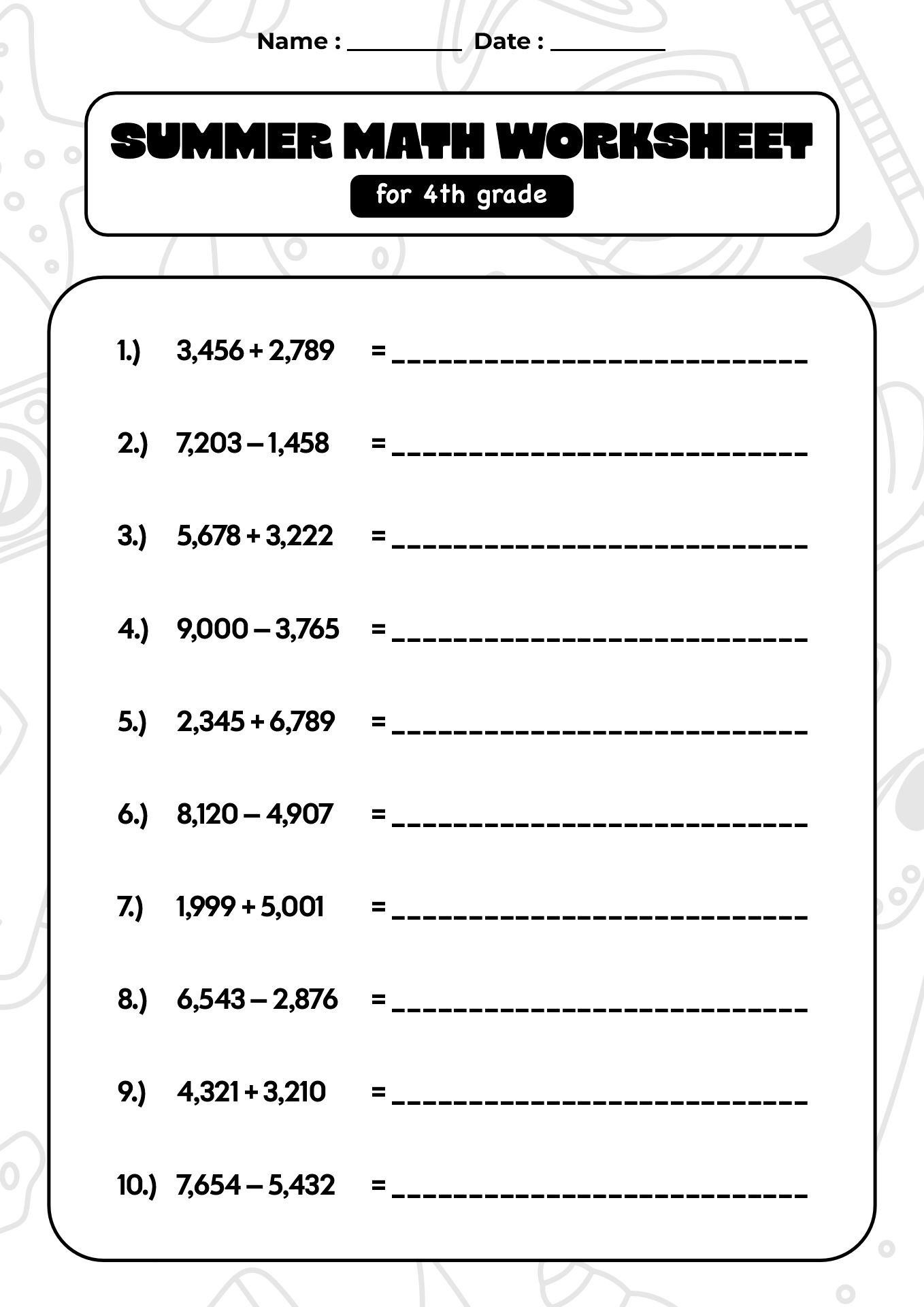 Summer Math Practice Worksheets for 4th Grade