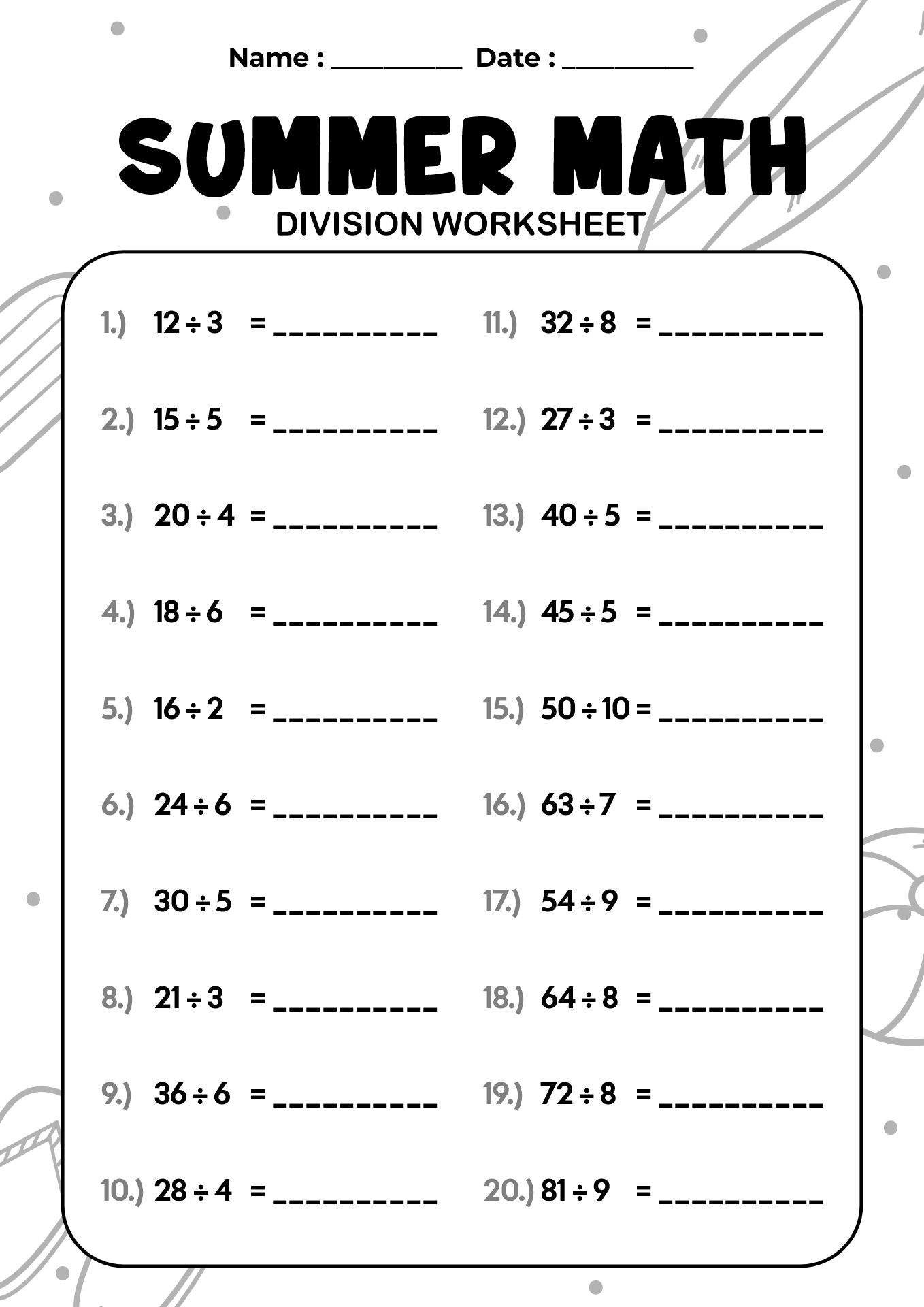 Summer Math Worksheets Division