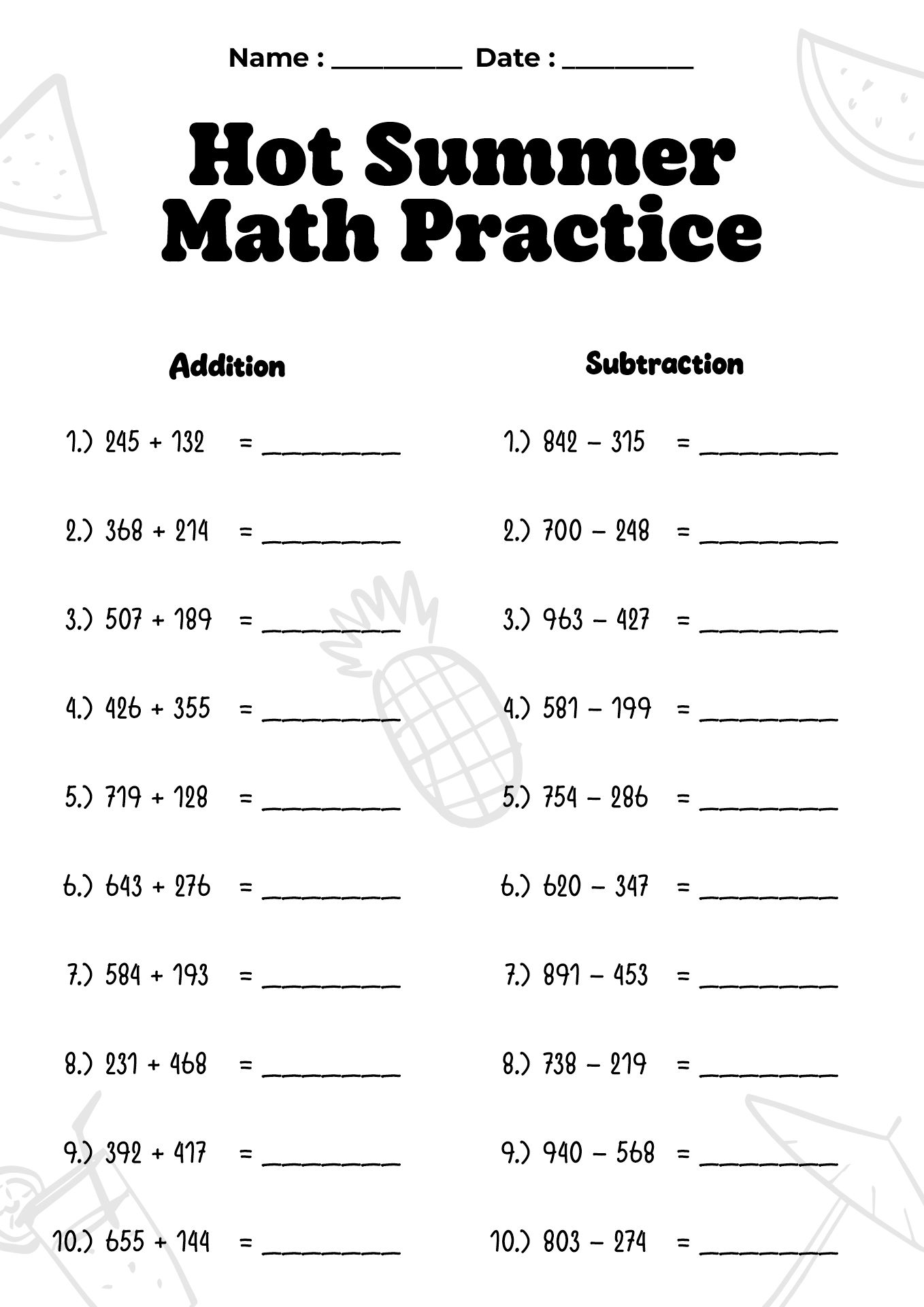 Summer Math Worksheets for 3rd Graders