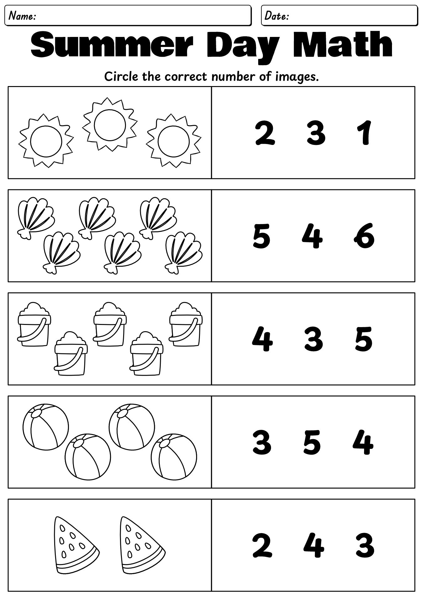 Summer Math Worksheets for Preschool Students