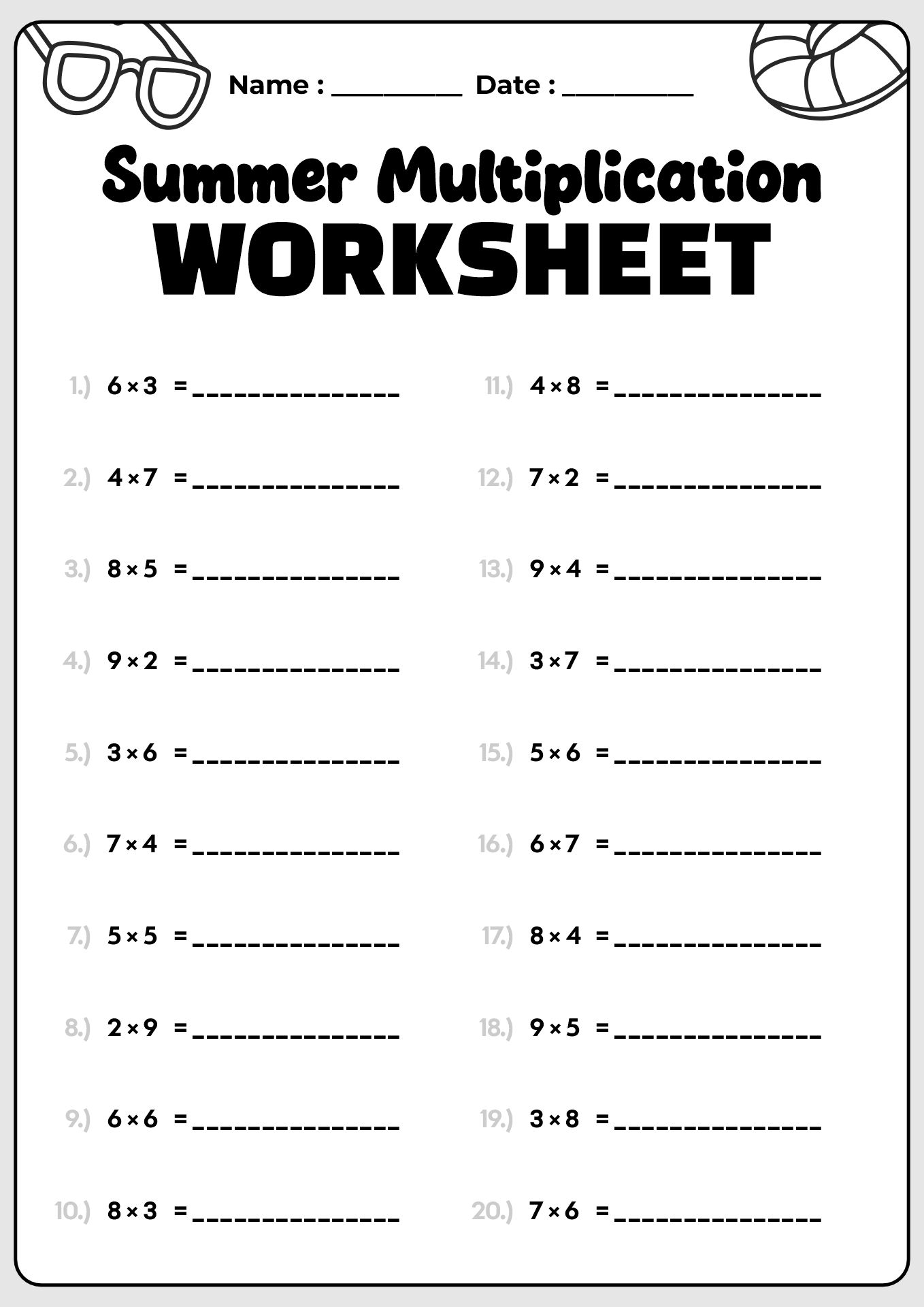 Summer Multiplication Math Worksheets