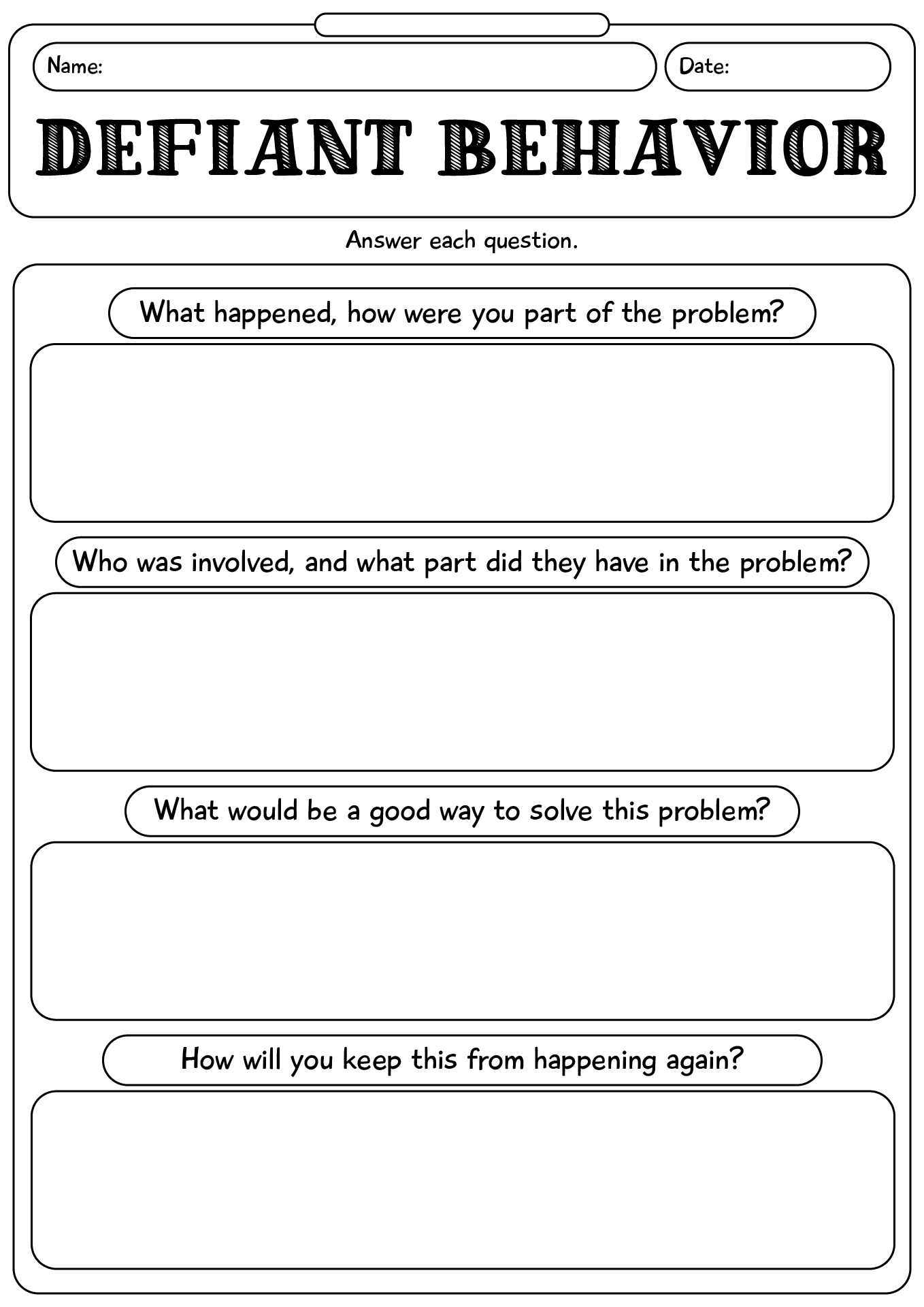 Teenager Defiant Behavior Worksheet