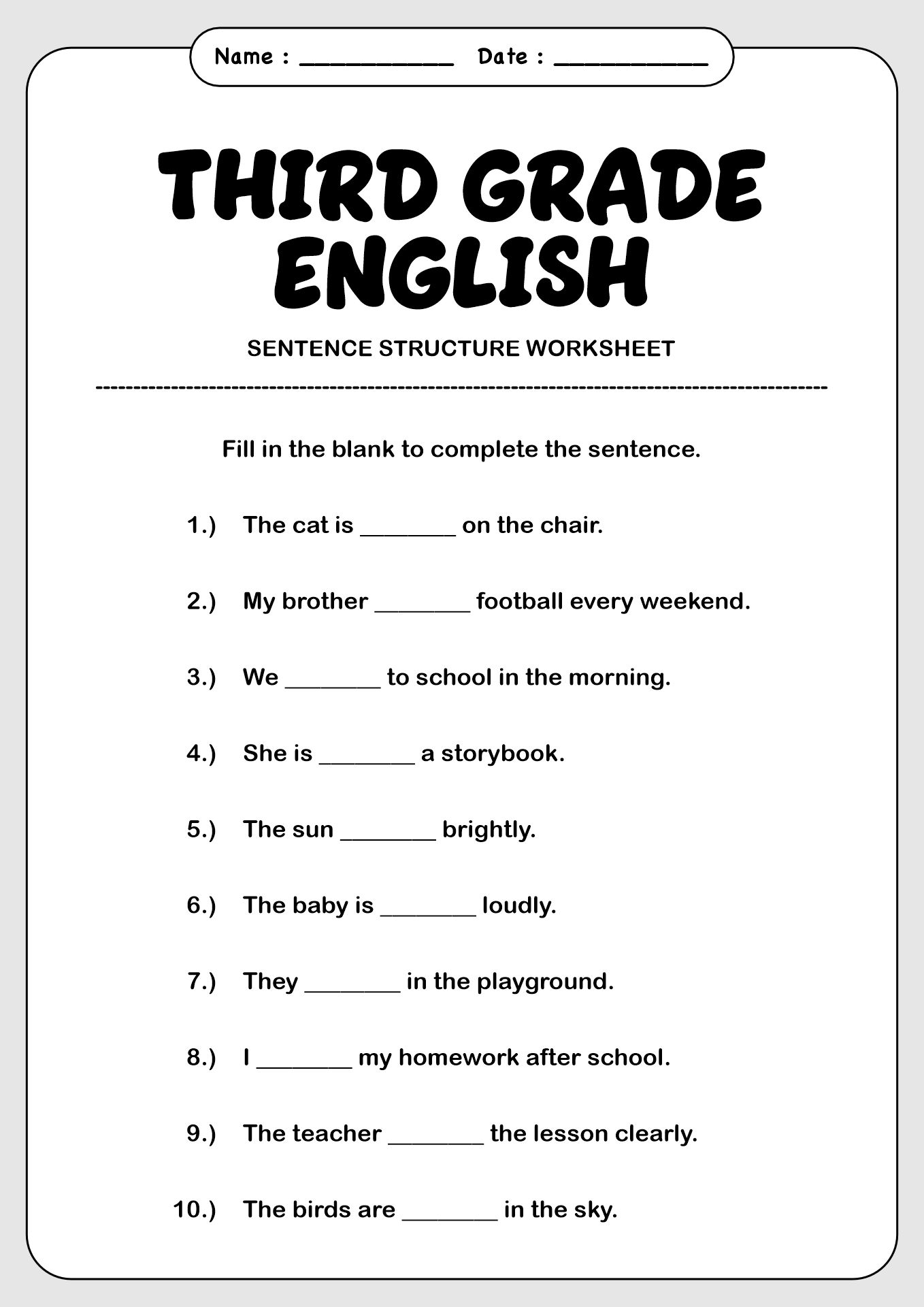 Third Grade English Sentence Structure Worksheets