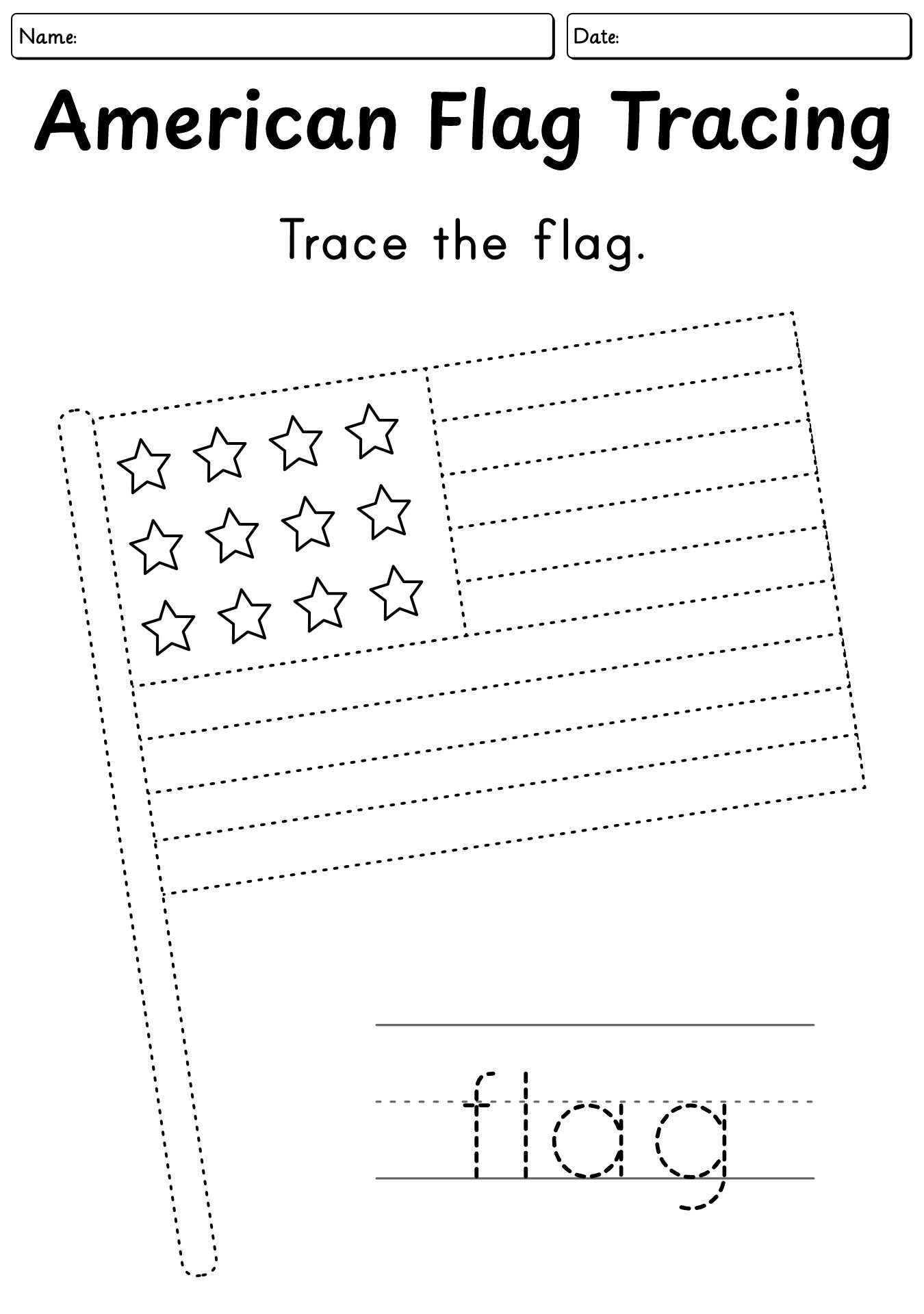 Tracing American Flag Worksheet For Kids