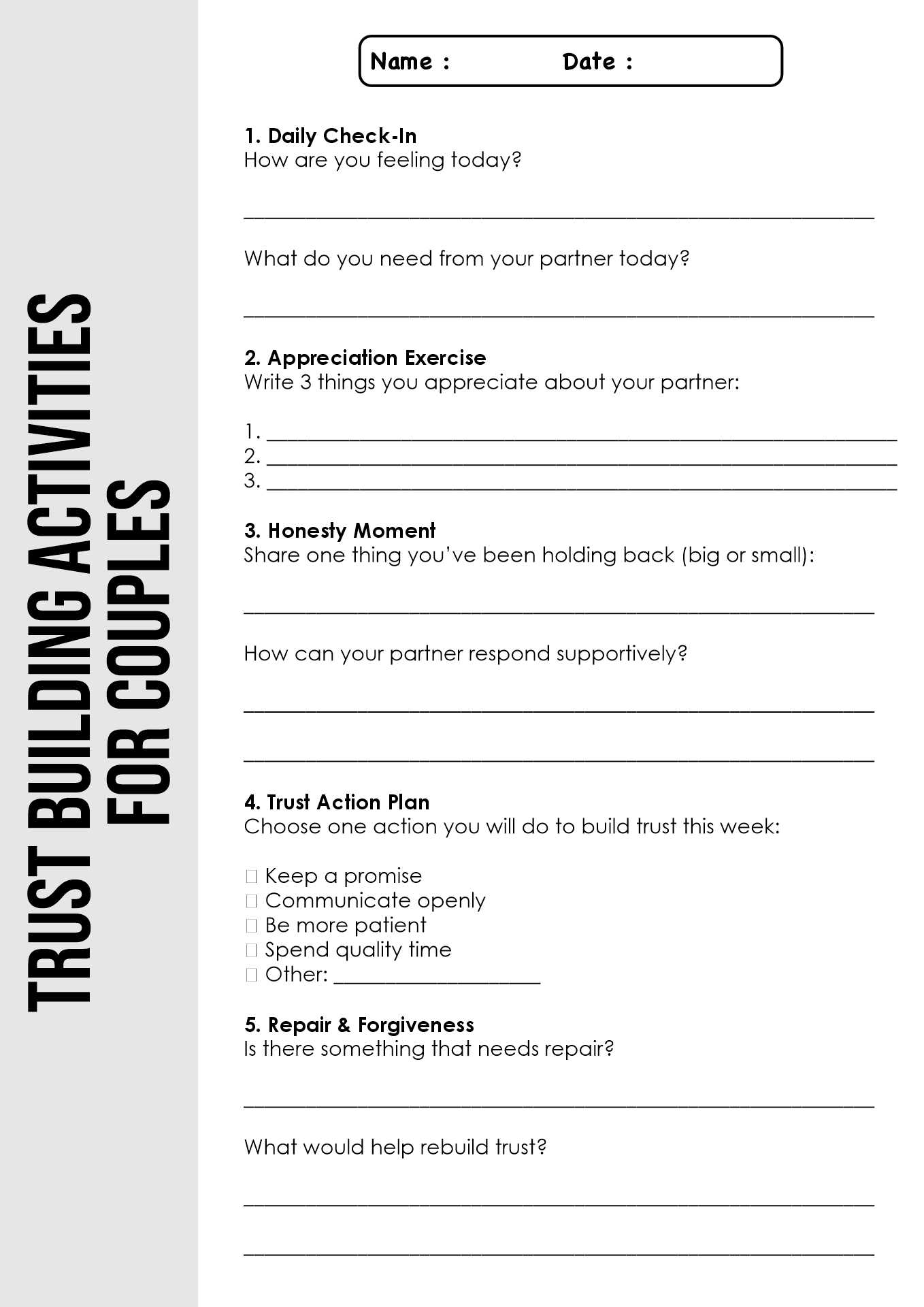 Trust Building Activities for Couples Worksheet
