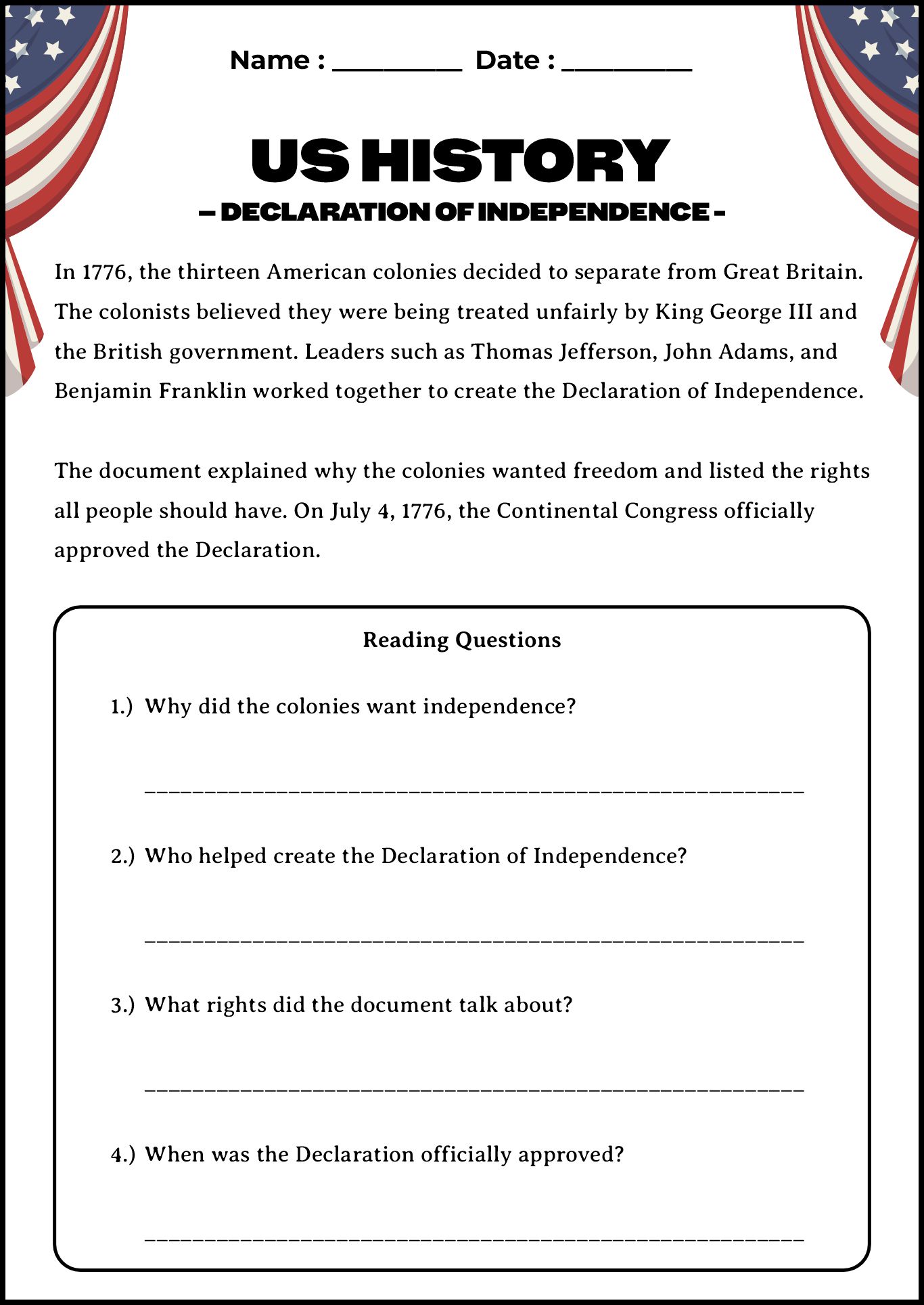 US History Independence Declaration Classroom Worksheet