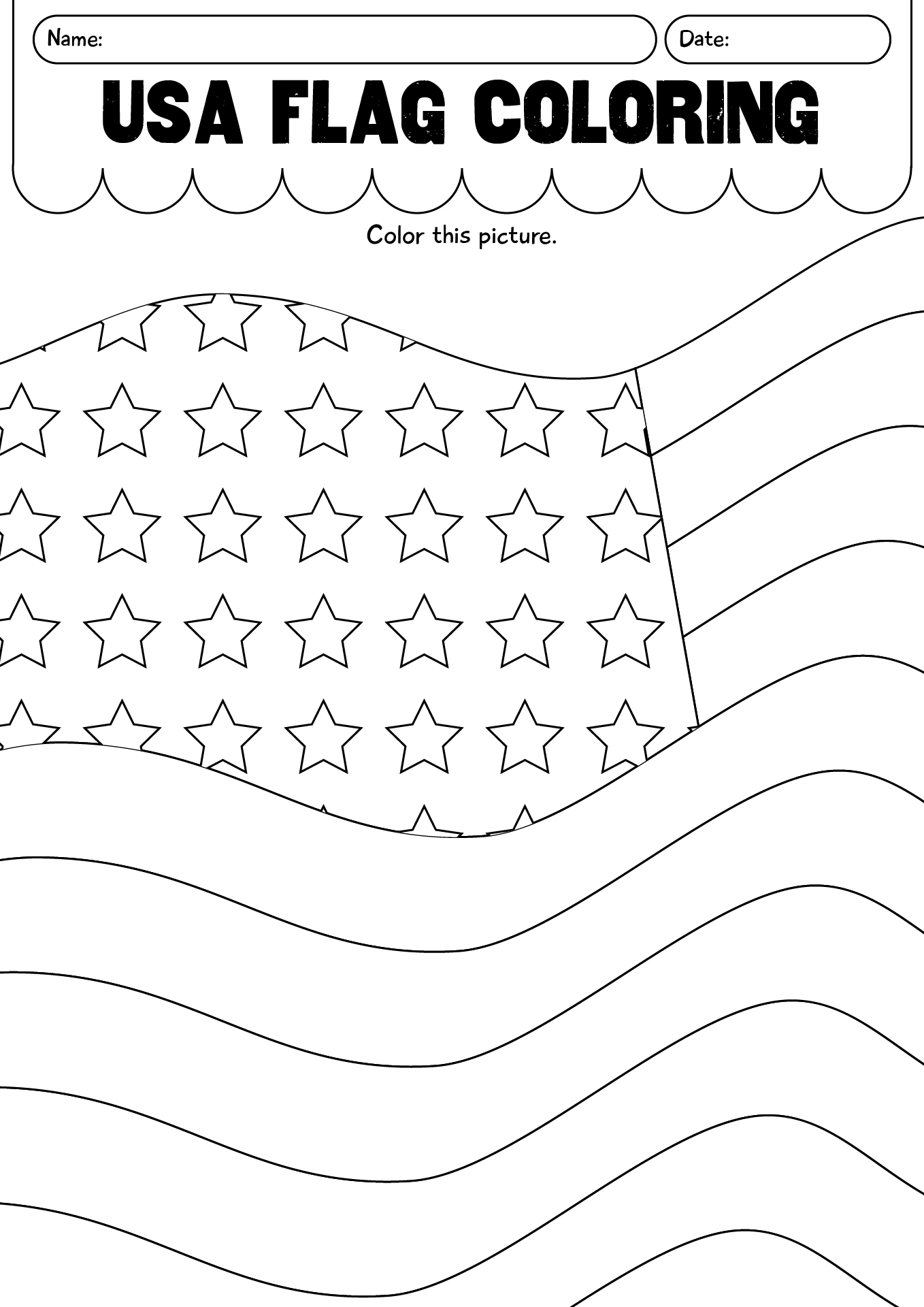 USA Flag Coloring Page Worksheet